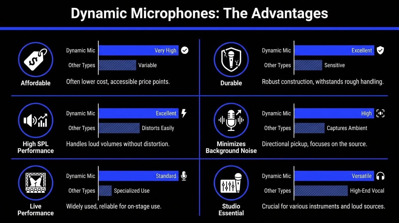 Infographic showing the main advantages of dynamic microphones, including affordability, durability, high SPL handling, background noise reduction, live performance use, and studio versatility