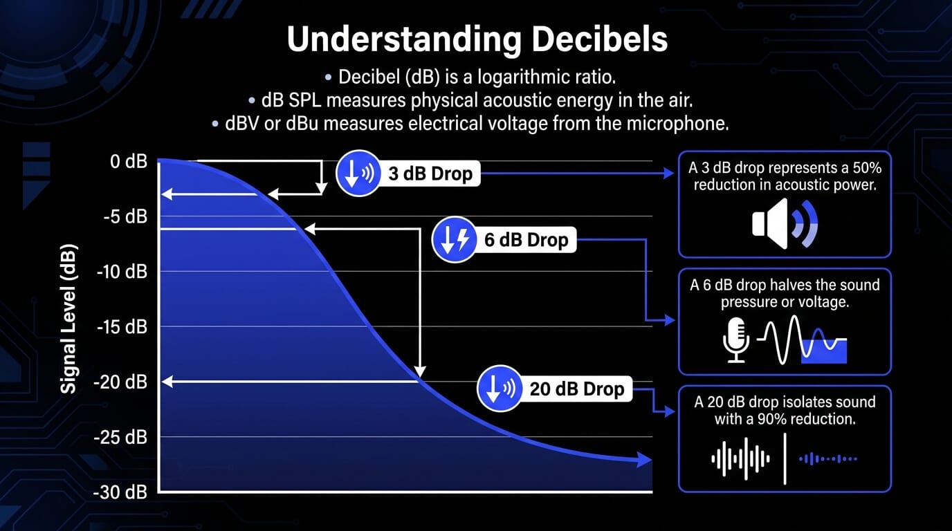 Infographic explaining decibels with a signal level graph showing 3 dB, 6 dB, and 20 dB drops in microphone sensitivity.