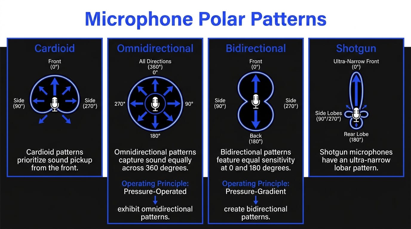 Infographic comparing microphone polar patterns, including cardioid, omnidirectional, bidirectional, and shotgun pickup directions.