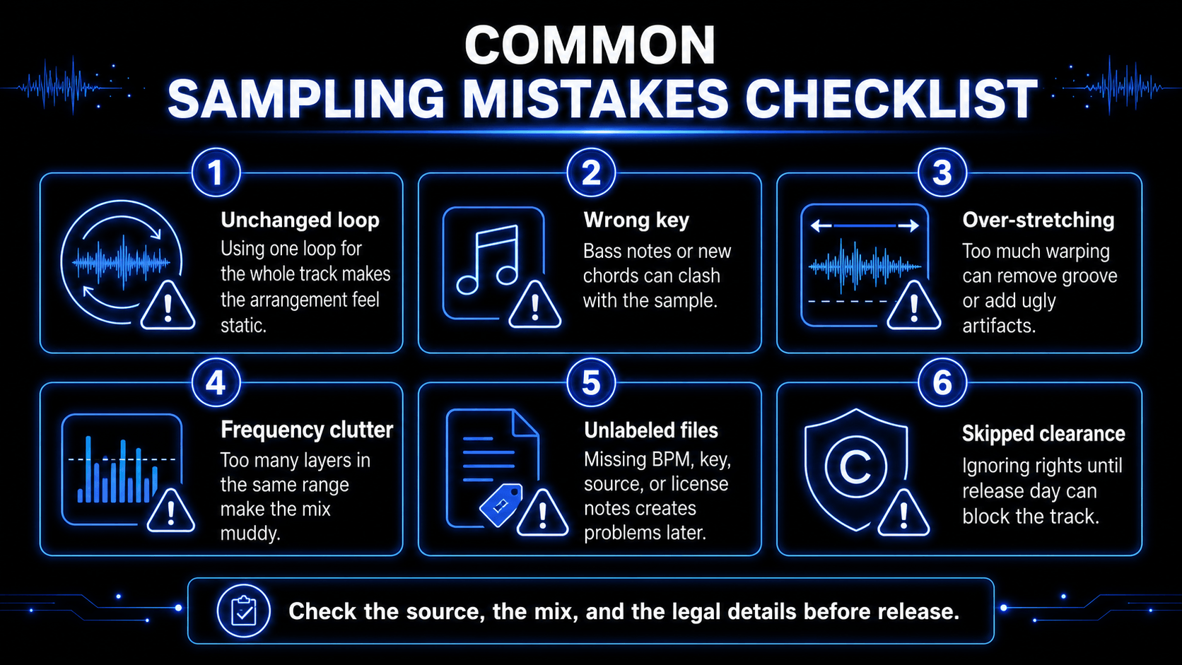 Infographic checklist showing six common sampling mistakes: unchanged loops, wrong key, over-stretching, frequency clutter, unlabeled files, and skipped clearance.