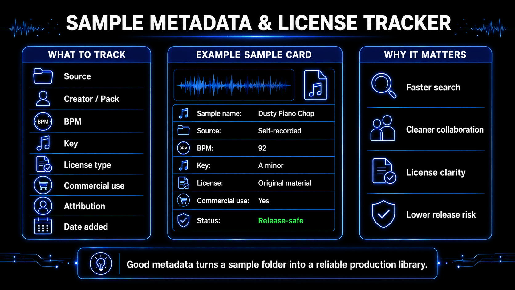 Infographic showing a sample metadata and license tracker with source, creator, BPM, key, license type, commercial use, attribution, date added, and release-safe status.