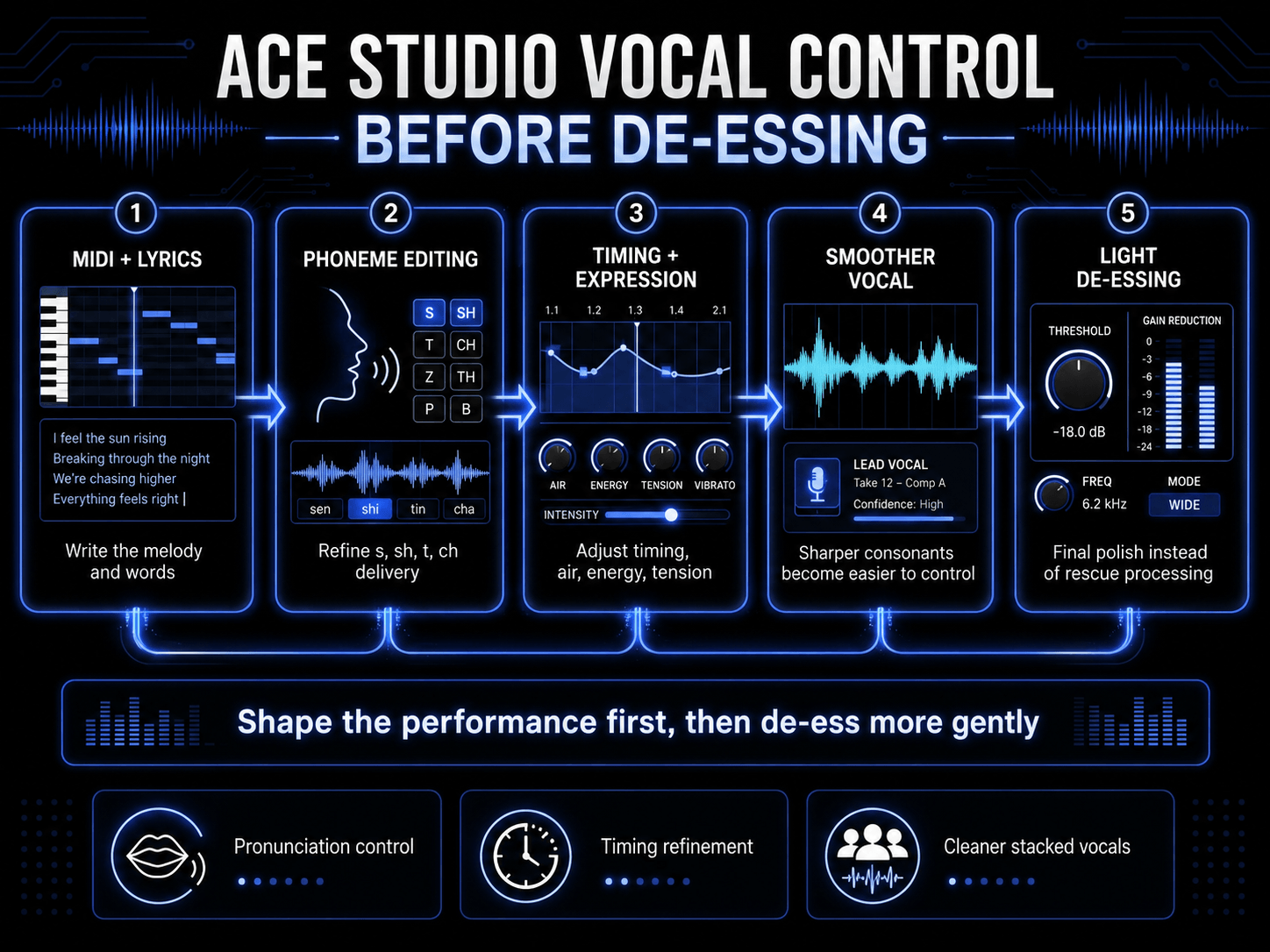 Infographic showing ACE Studio vocal control steps before de-essing, from MIDI and lyrics to phoneme editing, expression, smoother vocals, and light de-essing.