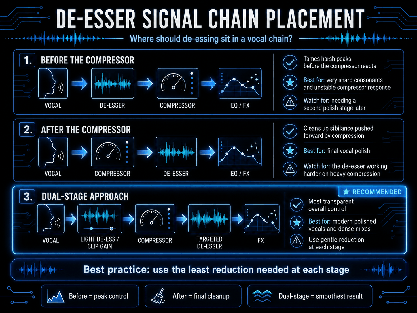 Infographic comparing de-esser placement before compression, after compression, and in a dual-stage vocal signal chain.