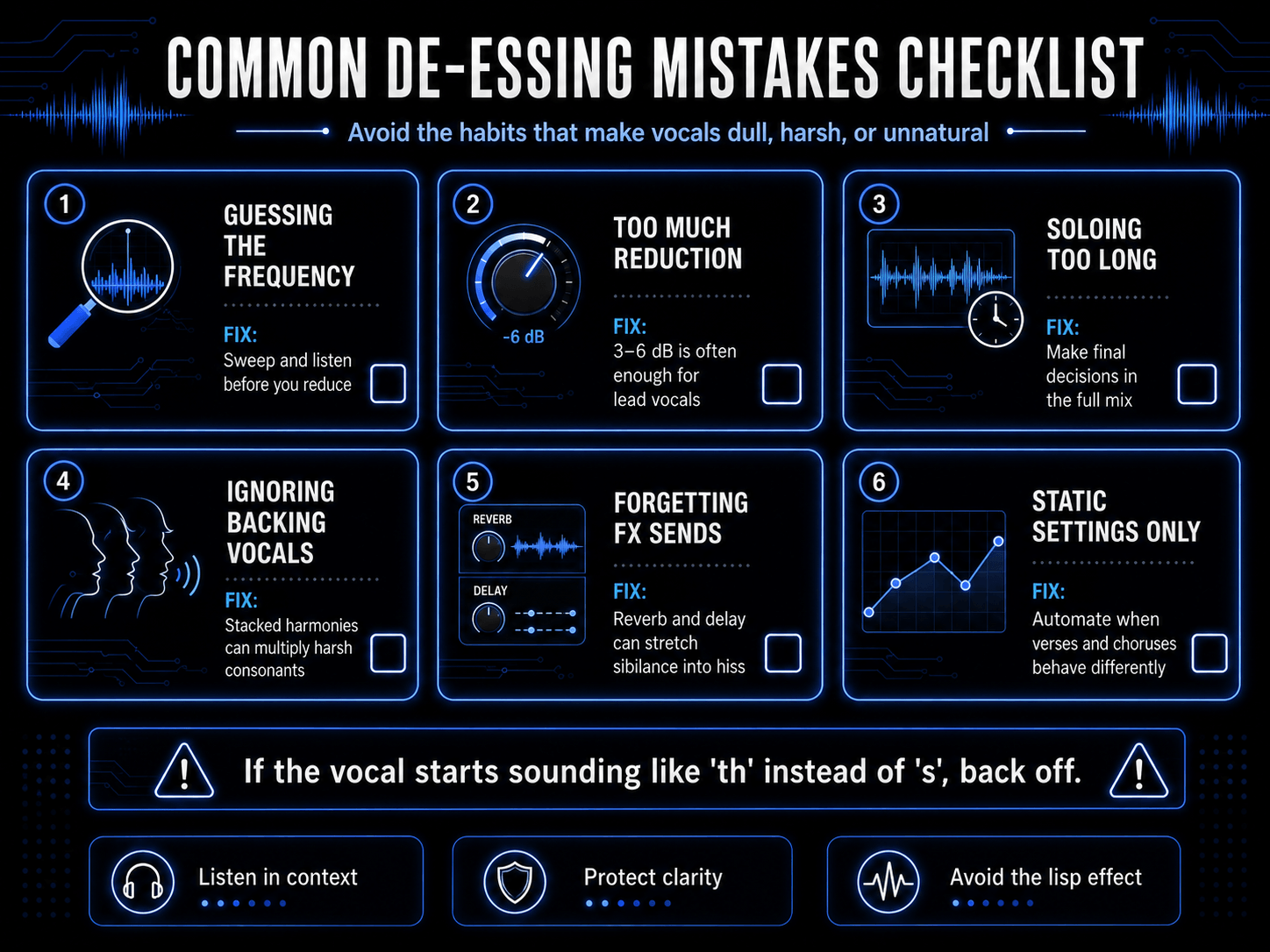 Checklist infographic showing common de-essing mistakes, including guessing frequencies, too much reduction, soloing too long, ignoring backing vocals, forgetting FX sends, and using static settings.