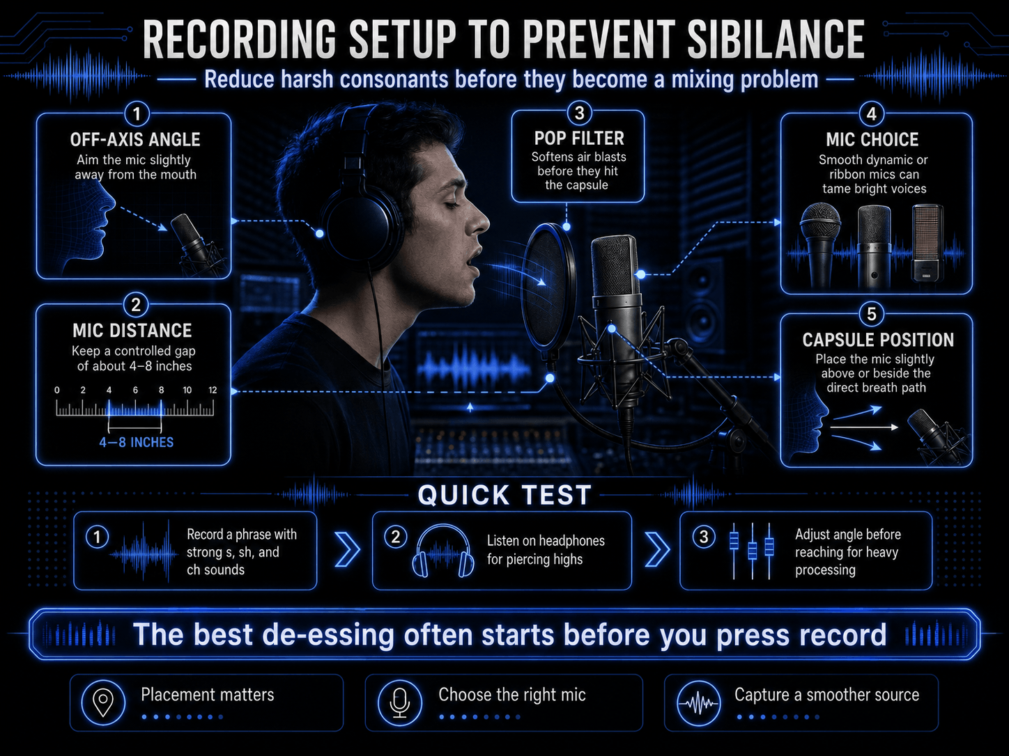 Infographic showing a studio recording setup for preventing vocal sibilance with off-axis mic angle, mic distance, pop filter, mic choice, and capsule position.