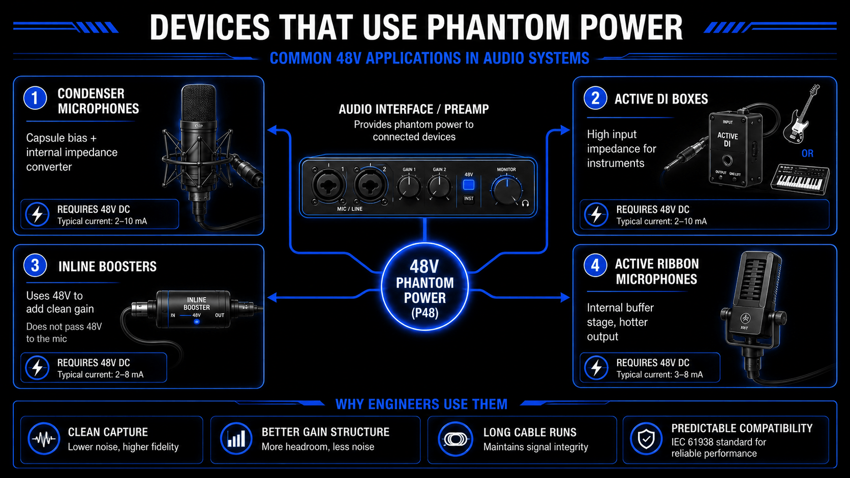 Infographic showing devices that use 48V phantom power, including condenser microphones, active DI boxes, inline boosters, and active ribbon microphones.