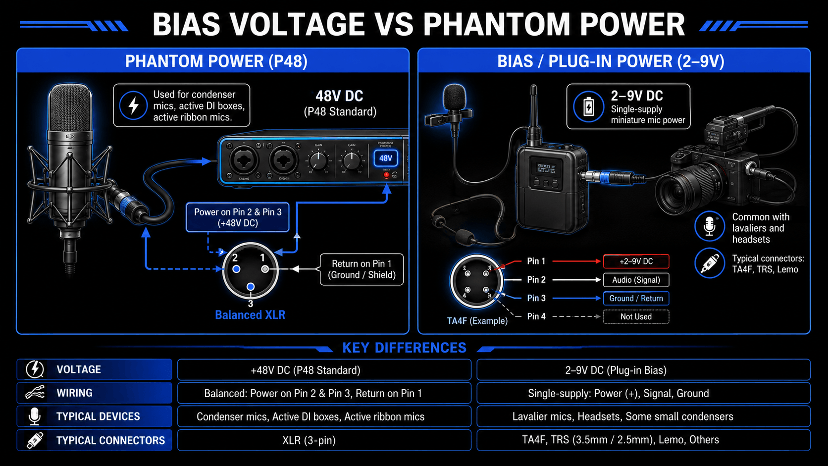 Infographic comparing 48V phantom power for XLR condenser microphones with 2–9V bias voltage for lavalier microphones, headsets, and miniature mic systems.