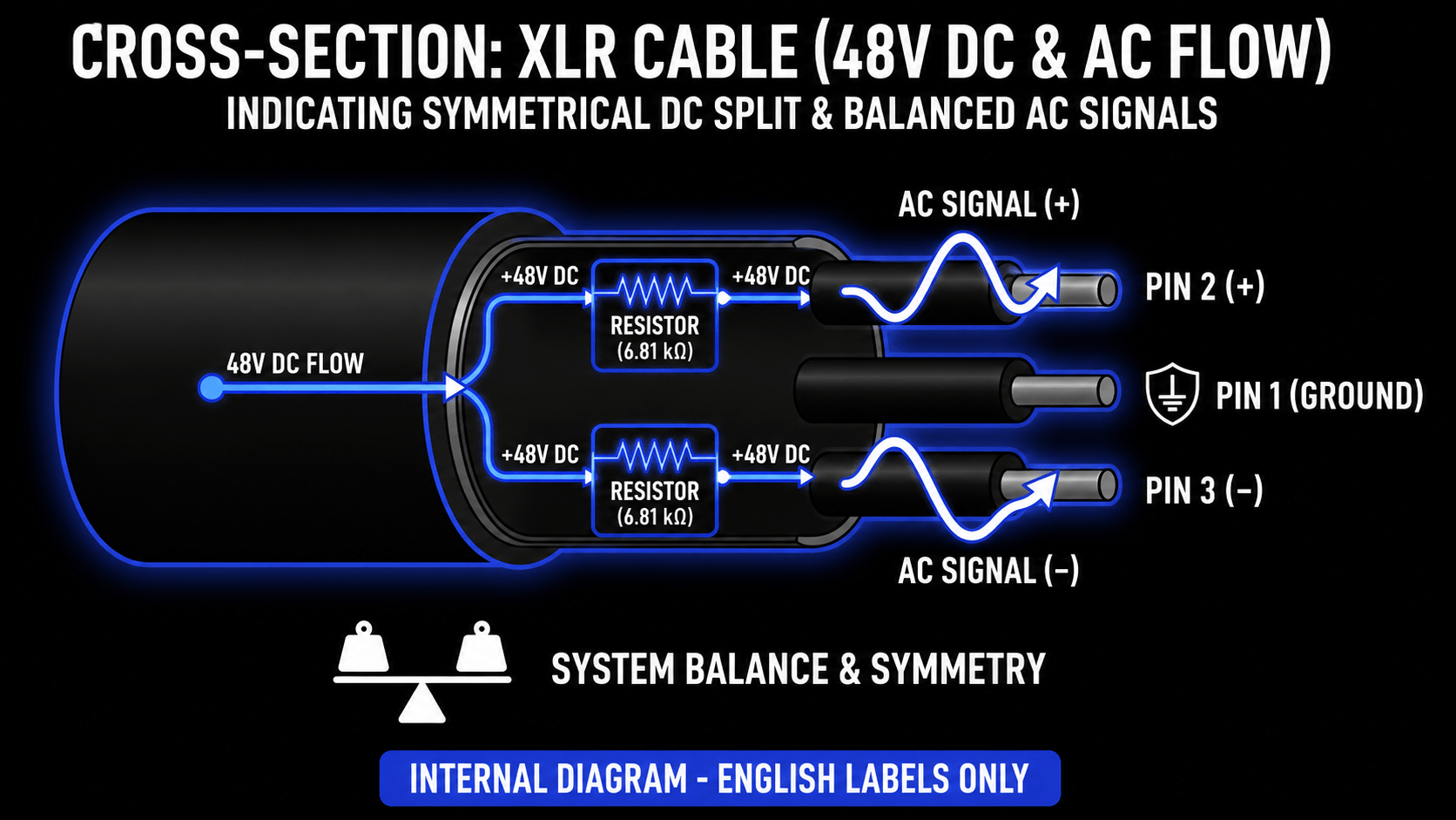 Cross-section diagram of an XLR cable showing 48V phantom power flow, balanced AC audio signals, ground pin, and system symmetry.