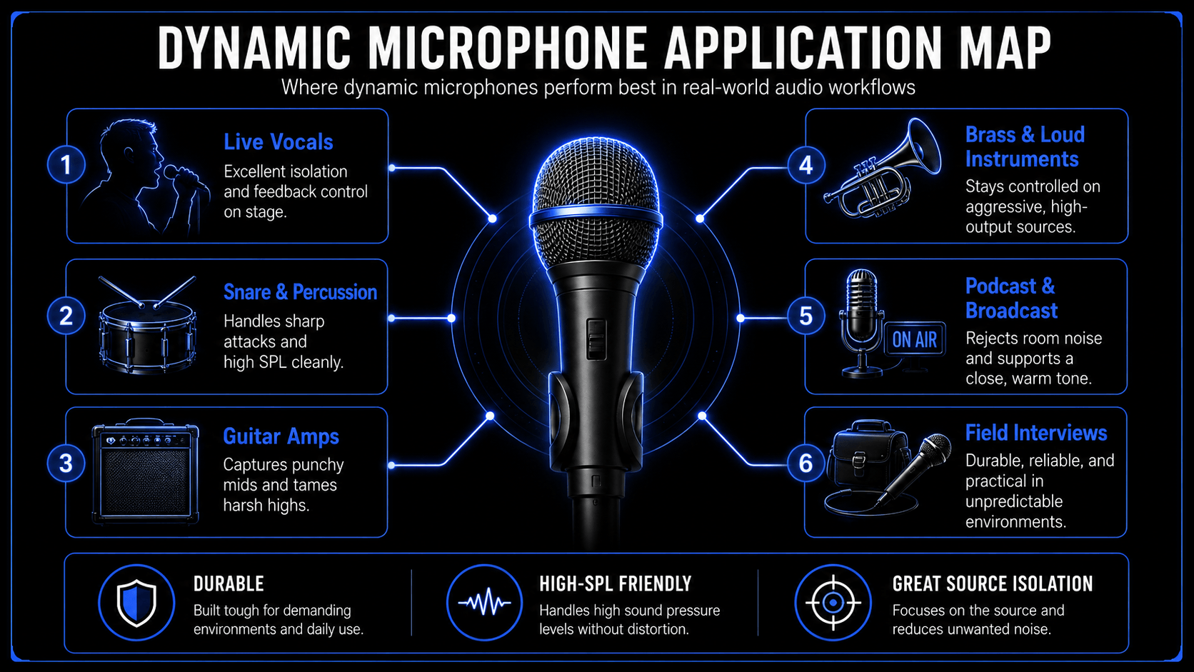 Infographic showing common dynamic microphone applications, including live vocals, snare and percussion, guitar amps, brass instruments, podcasting, broadcasting, and field interviews