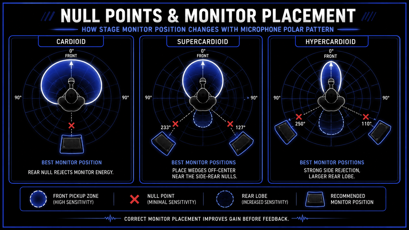 Infographic comparing omnidirectional, cardioid, supercardioid, and hypercardioid microphone acceptance angles and distance factors.