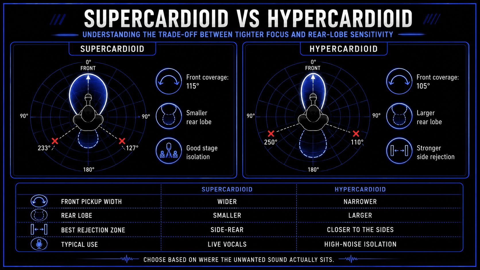 Infographic comparing supercardioid and hypercardioid microphone polar patterns, including front coverage, rear lobe size, null points, and best rejection zones.