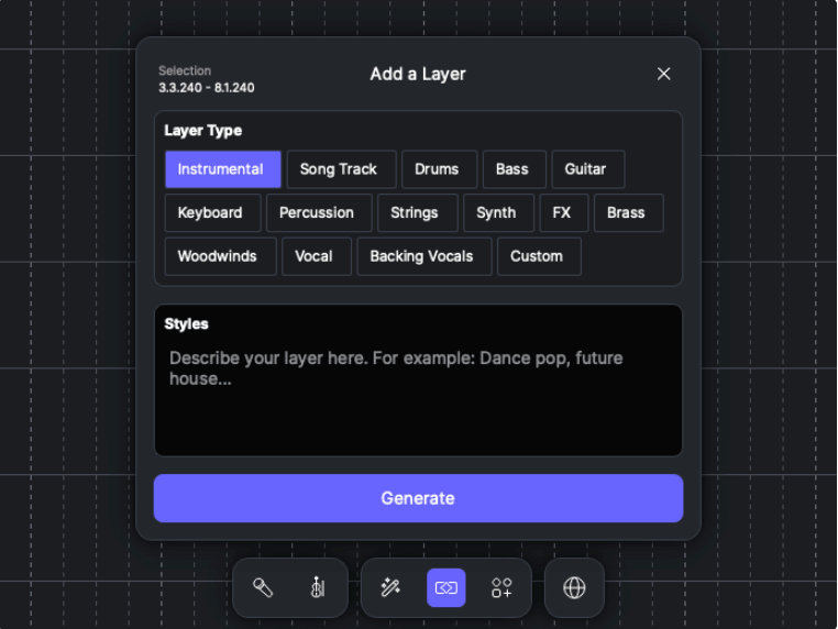 Screenshot of ACE Studio Add a Layer panel with options for instrumental, drums, bass, guitar, strings, synth, brass, vocals, and backing vocals.
