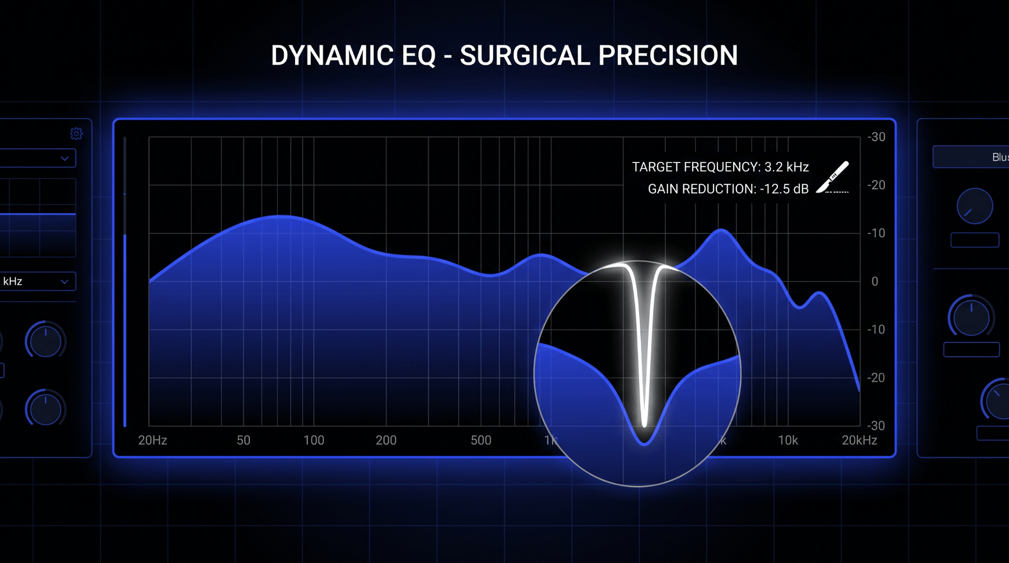 Infographic showing dynamic EQ surgical precision with a narrow gain reduction at 3.2 kHz, demonstrating targeted frequency control for harsh resonances in audio production.