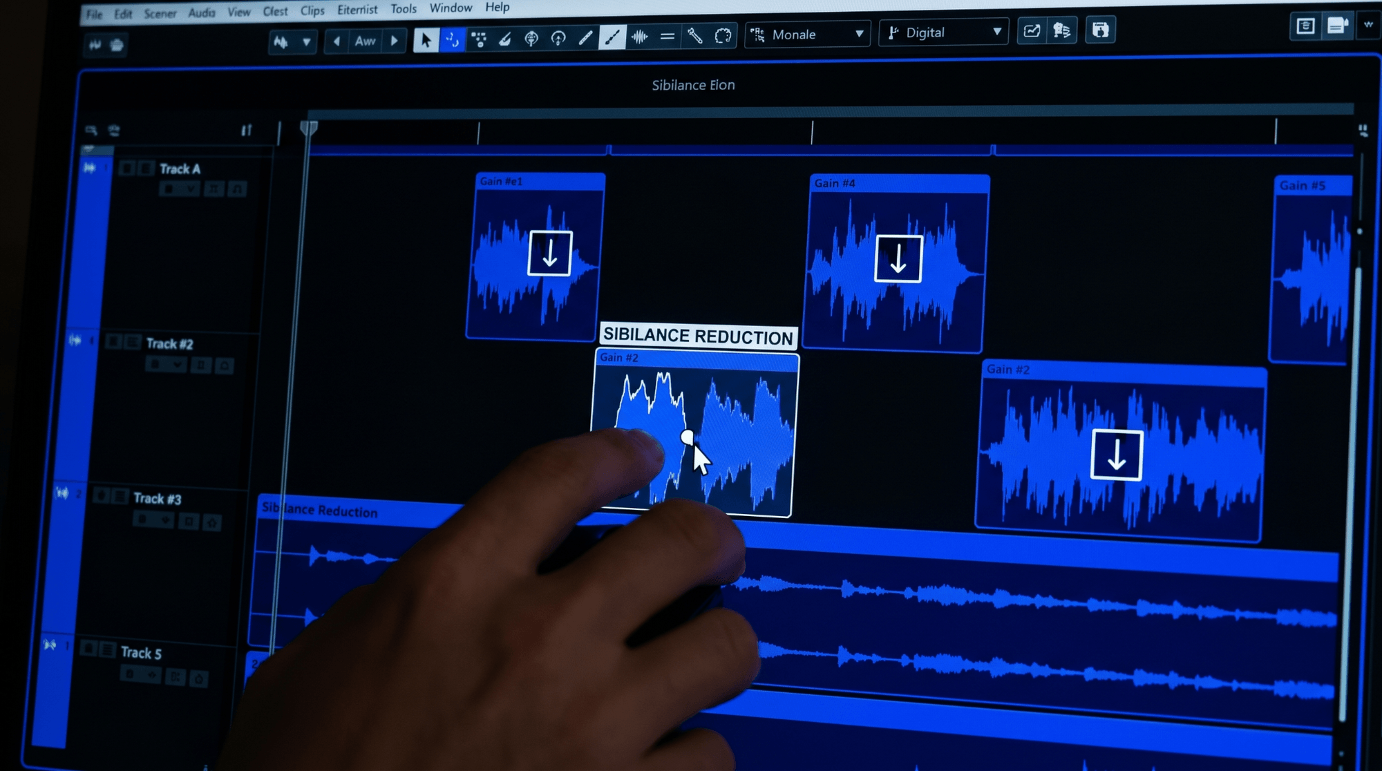 Close-up of a vocal editing session showing waveform clips selected for manual gain reduction to control sibilance before de-essing