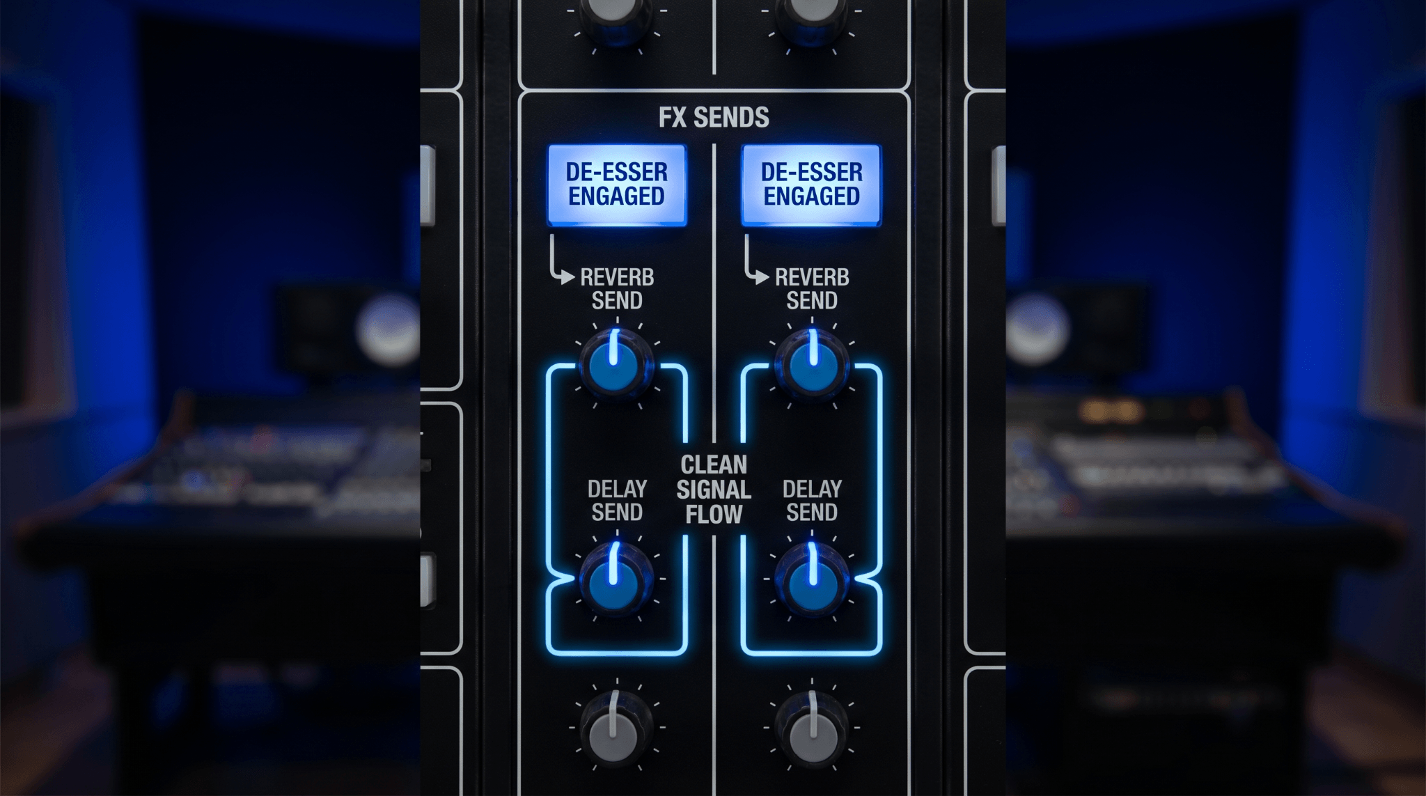 Mixing console interface showing de-essers engaged before reverb and delay sends to prevent vocal sibilance from creating harsh effects tails