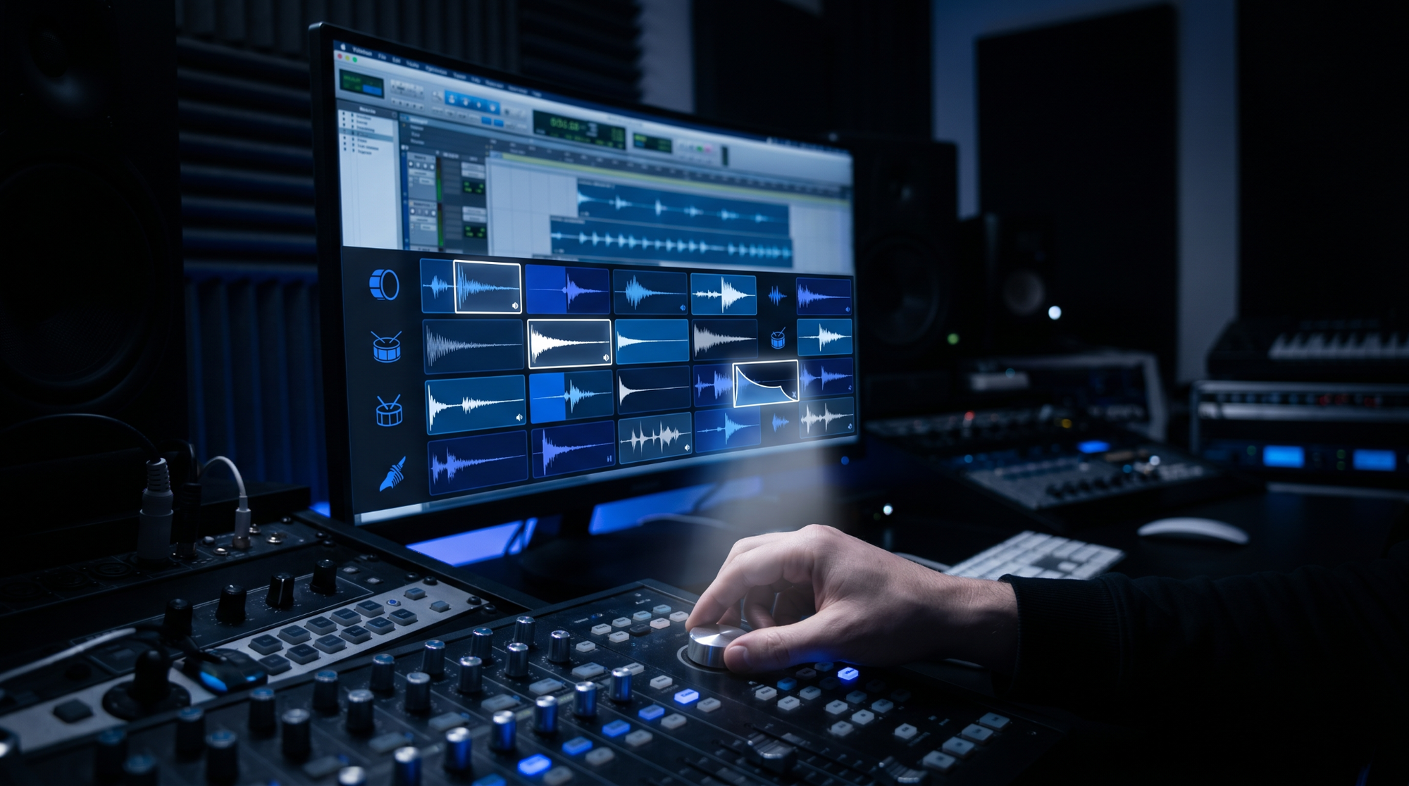 Producer working in a dark music studio with a DAW screen showing sliced audio samples, waveform blocks, and sample-editing controls.