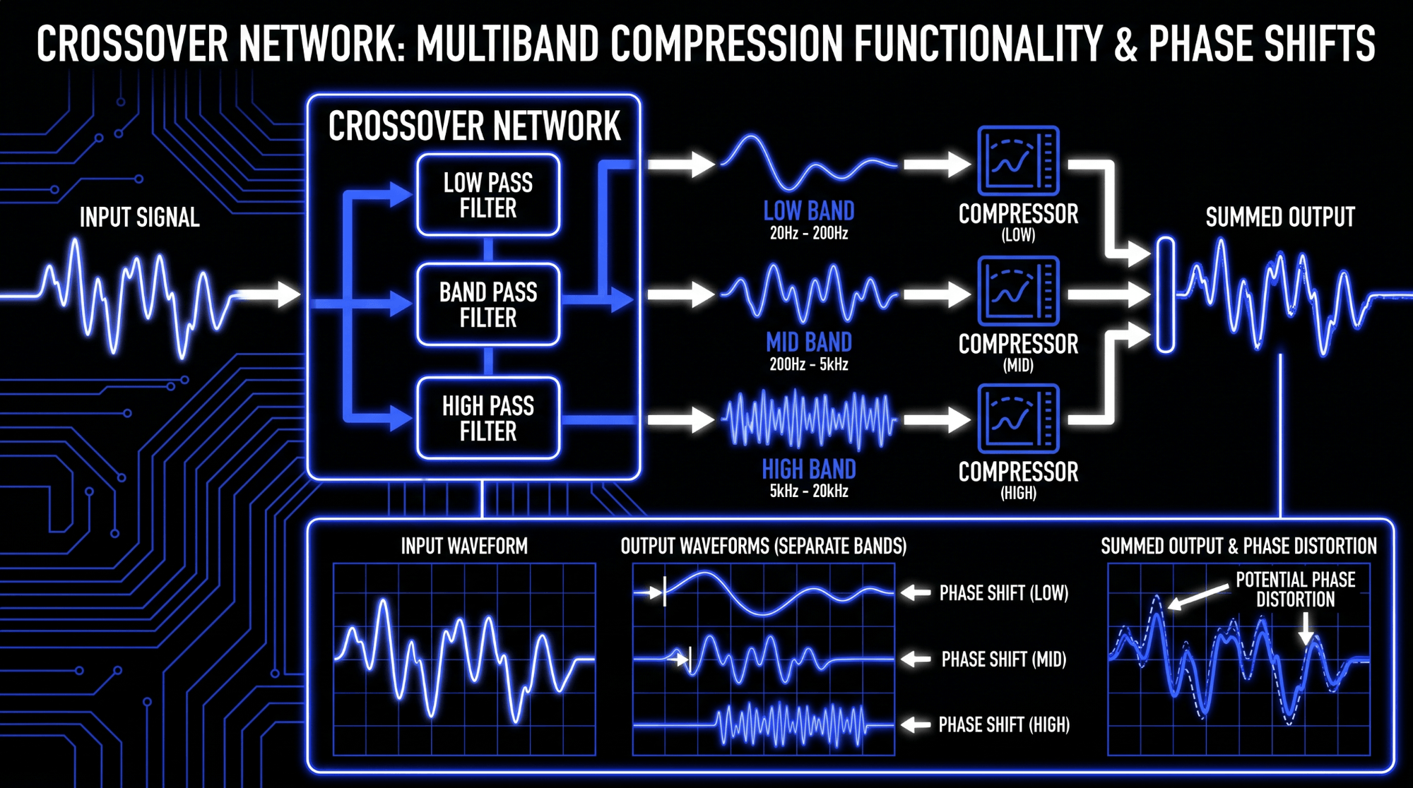 Infographic explaining multiband compression crossover networks, showing an input signal split into low, mid, and high bands, processed by separate compressors, then summed with possible phase shifts.