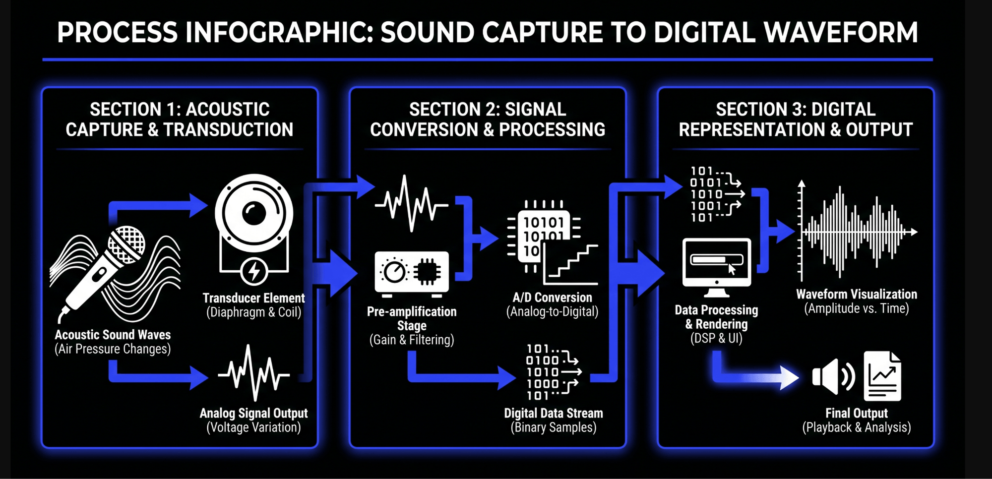 Process infographic showing acoustic sound waves captured by a microphone, converted through pre-amplification and A/D conversion, processed as digital data, and displayed as a waveform
