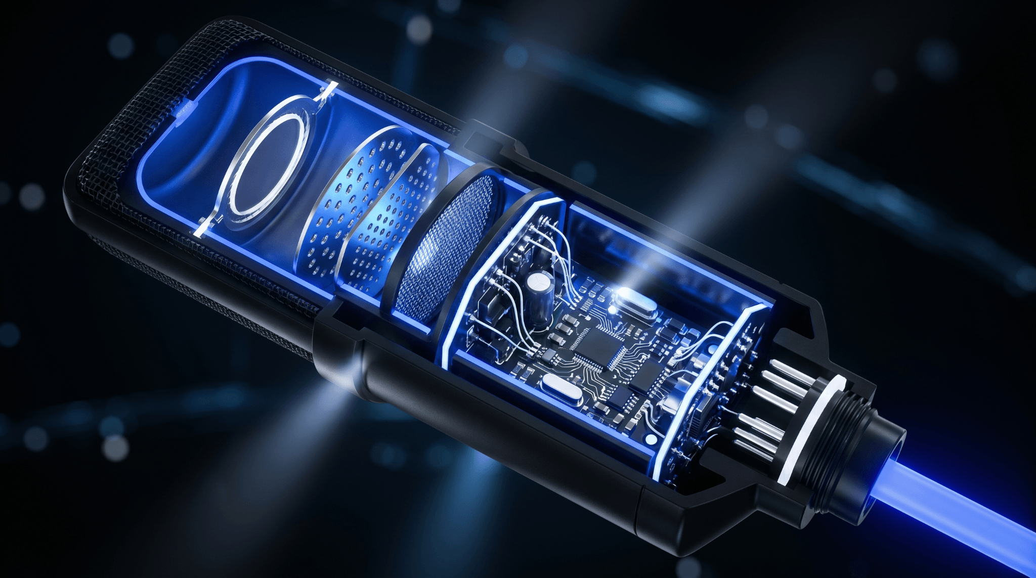 Cutaway view of a condenser microphone showing internal capsule, acoustic chamber, circuit board, and glowing signal path.