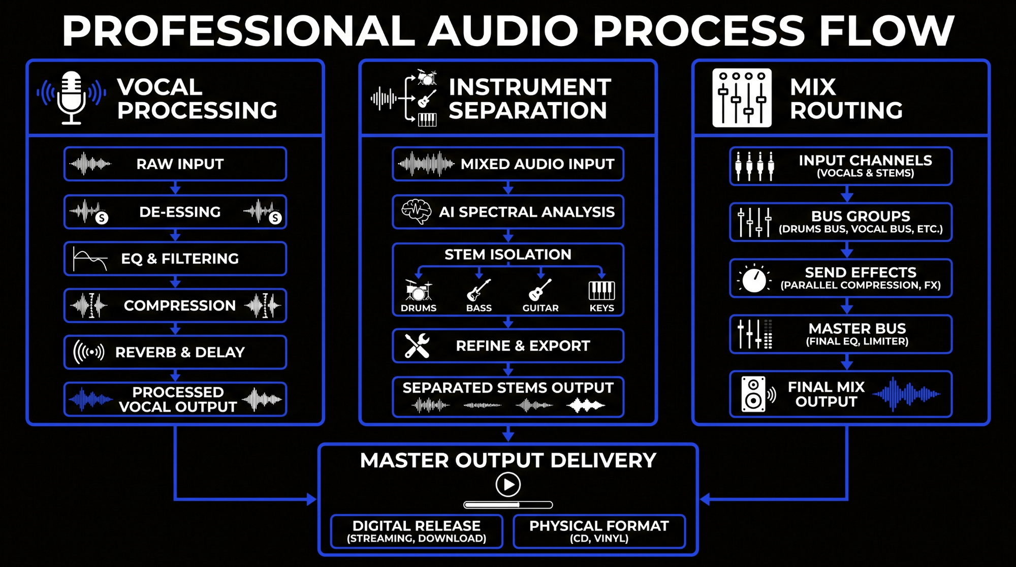Infographic showing a professional audio process flow with vocal processing, stem separation, mix routing, bus groups, send effects, master bus processing, and final output delivery.