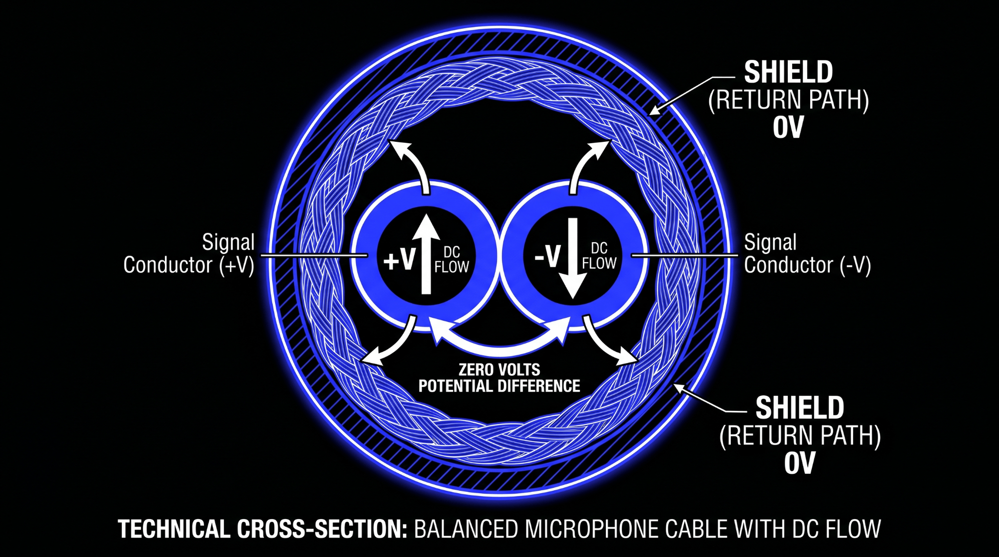 Technical cross-section of a balanced microphone cable showing phantom power DC flow through signal conductors and shield return path.
