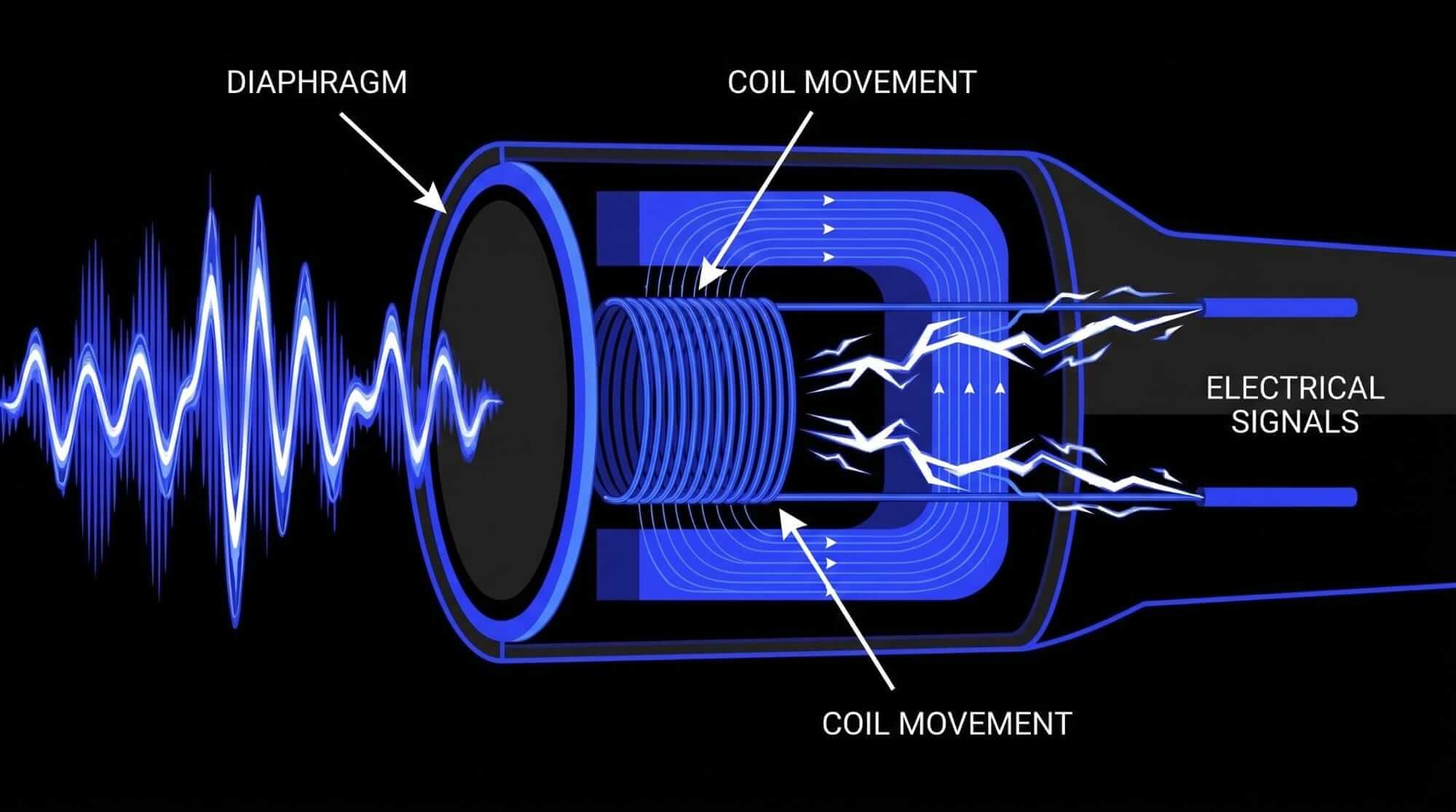 Diagram showing a dynamic microphone diaphragm and moving coil converting incoming sound waves into electrical signals through electromagnetic induction