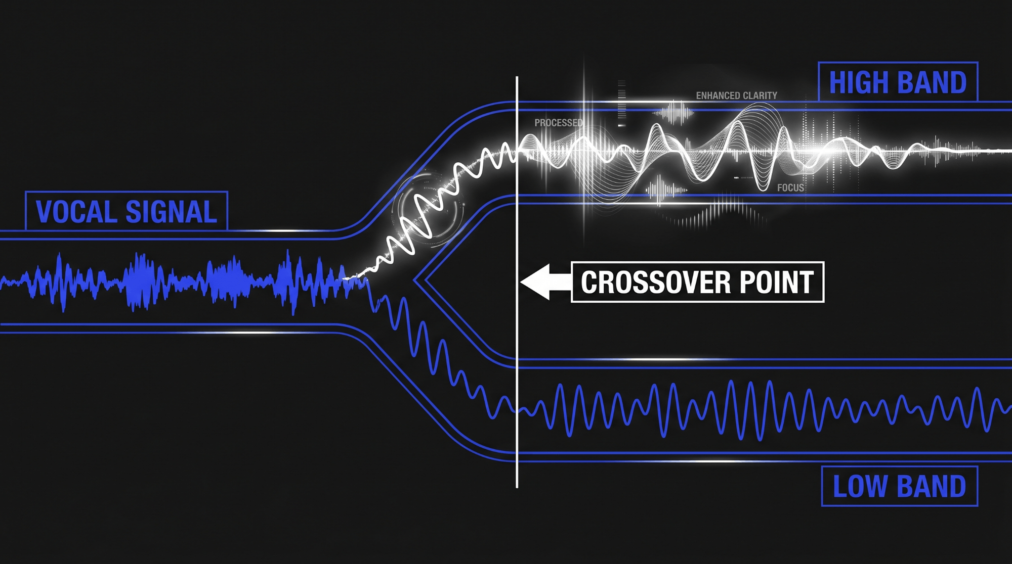 Infographic showing split-band de-essing with a vocal signal divided at a crossover point into high band and low band processing paths for targeted sibilance reduction