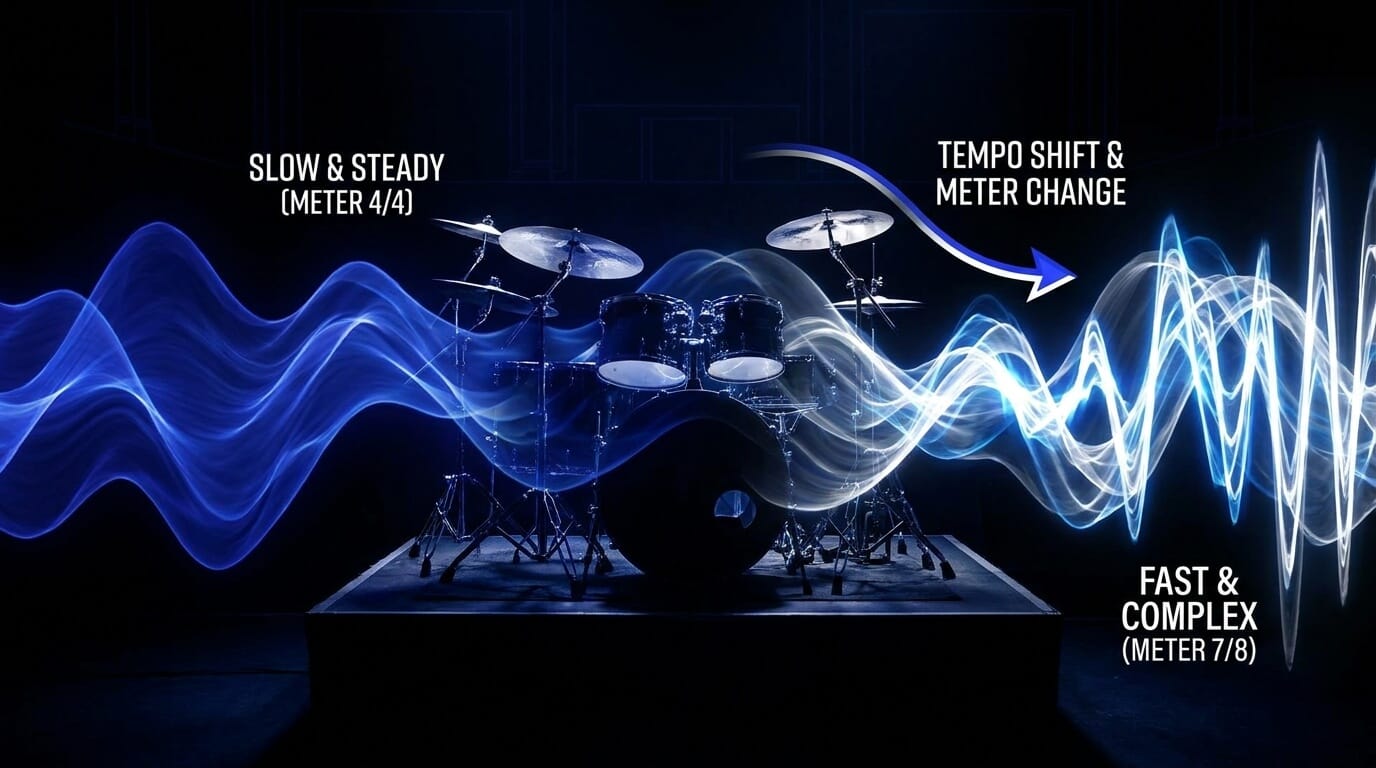 Illustration of metric modulation on drums, showing a slow 4/4 groove shifting into a faster and more complex 7/8 meter.