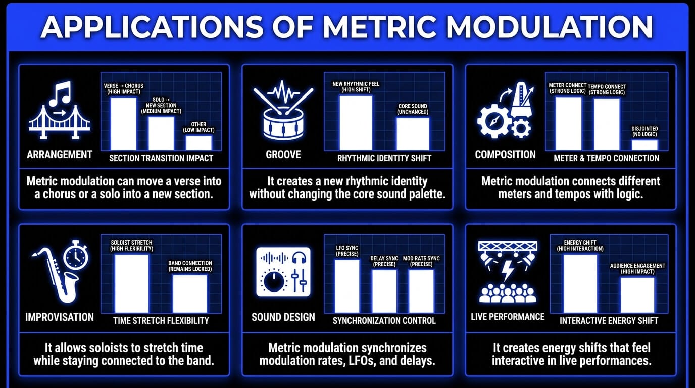 Infographic showing applications of metric modulation in music production, including arrangement transitions, groove shifts, composition, improvisation, sound design, and live performance.