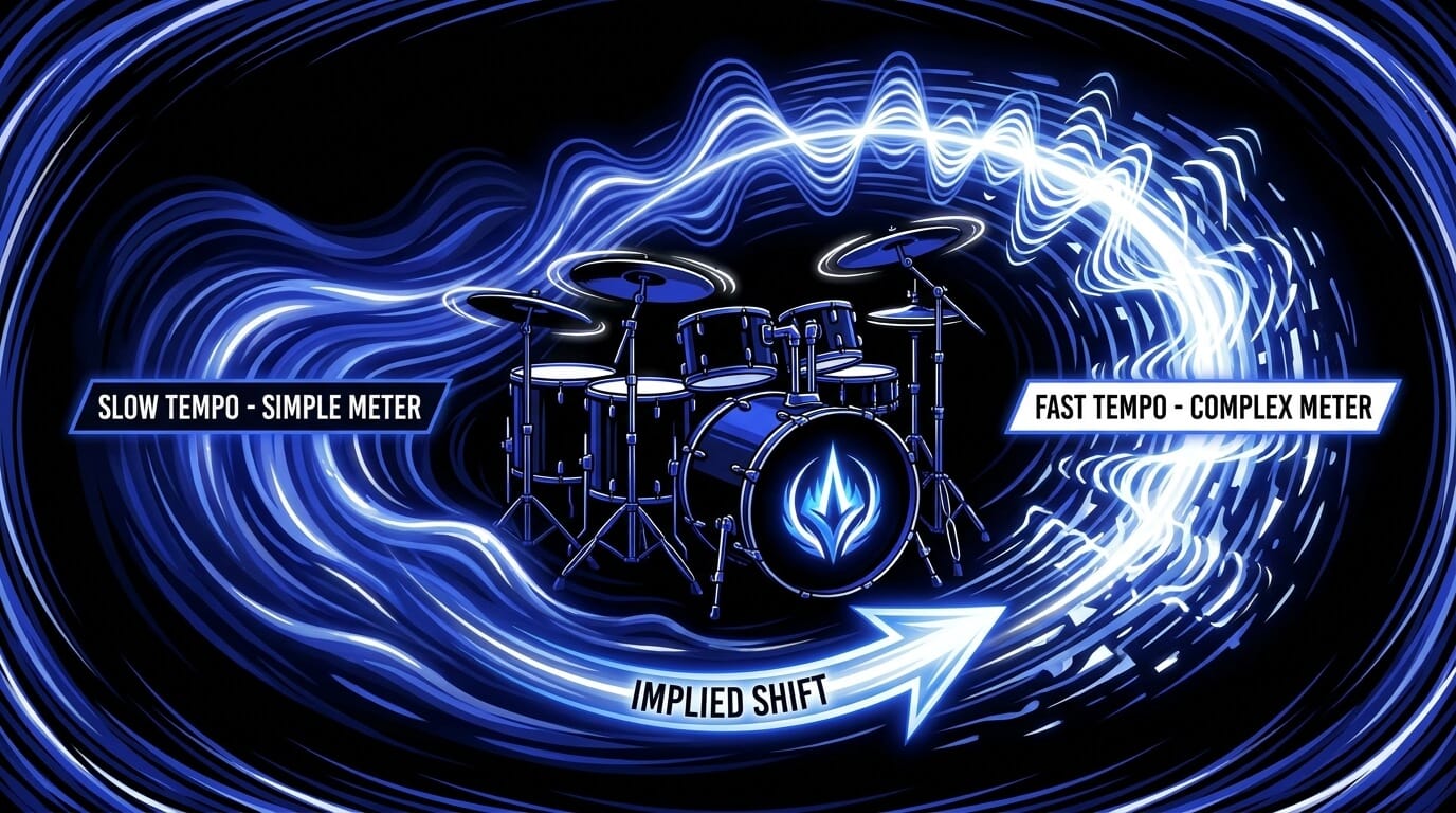 Illustration of implied metric modulation showing drums moving from a slow simple meter to a faster complex meter through a rhythmic shift.