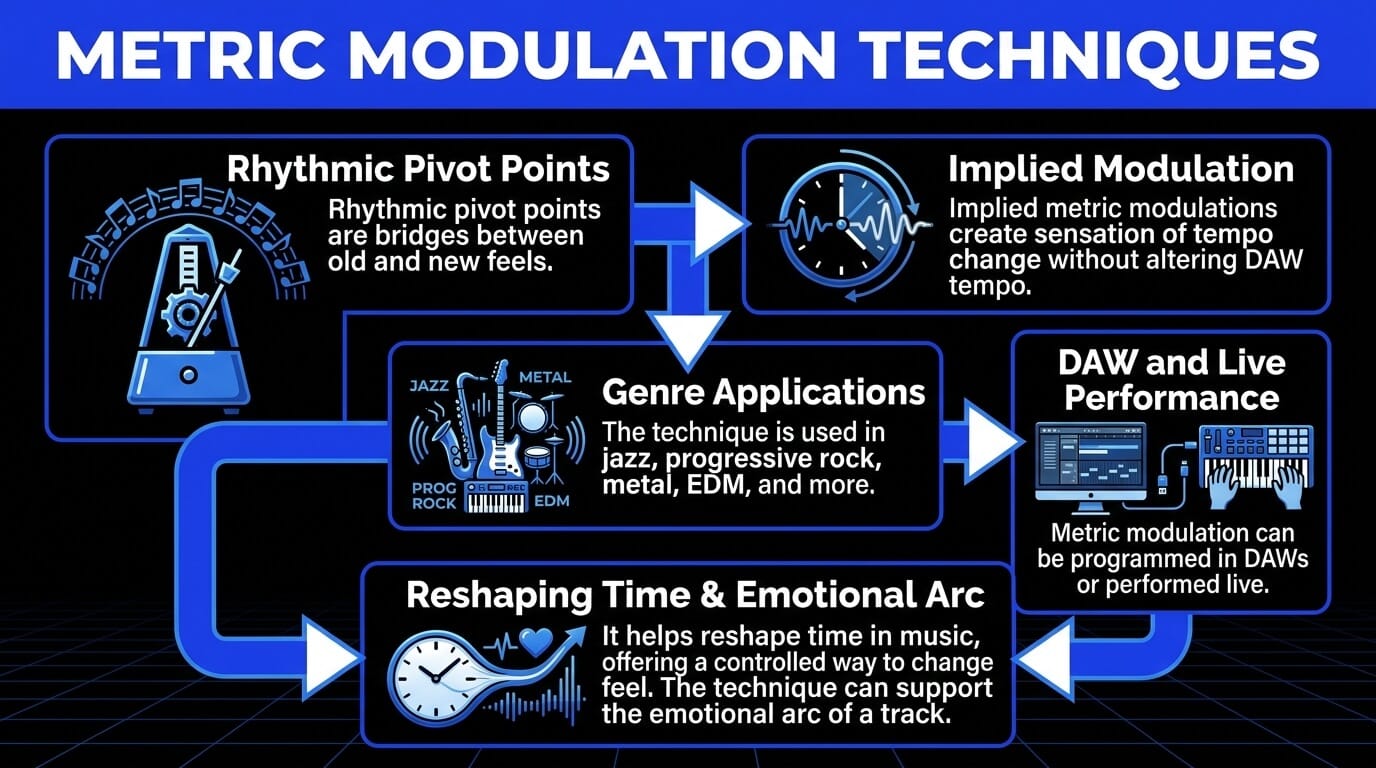 Core metric modulation techniques, from pivot points and implied pulse shifts to DAW programming and genre use.