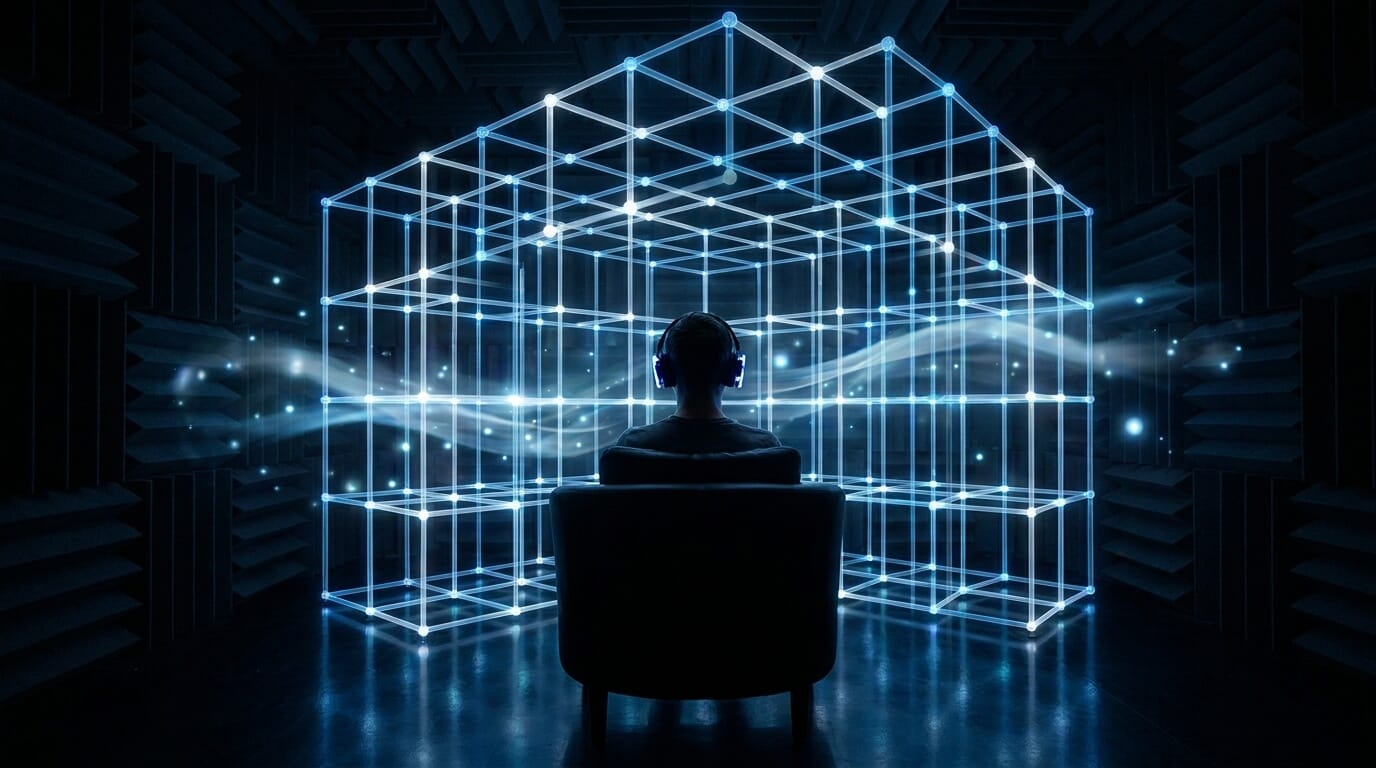 Listener wearing headphones inside a virtual 3D audio grid representing spatial audio processing, immersive sound design, and headphone-based sound placement.
