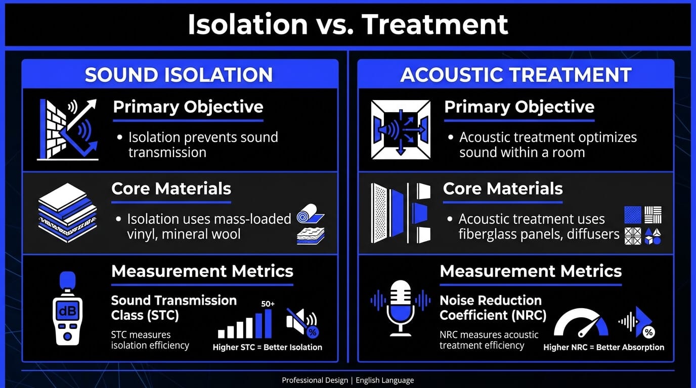 Infographic comparing sound isolation and acoustic treatment by objective, materials, and measurement metrics like STC and NRC.