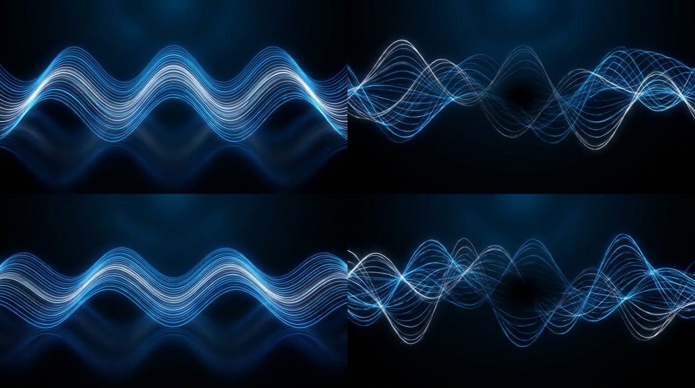 Abstract sound wave infographic comparing smooth aligned waveforms with complex overlapping waveforms that suggest interference, phase shift, and cancellation.hase shift, and cancellation.