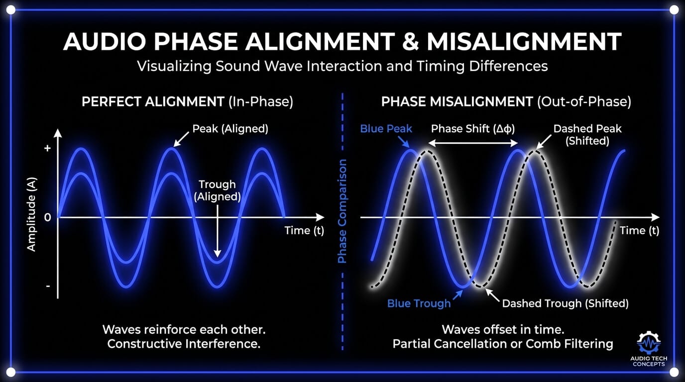 Infographic comparing audio phase alignment and phase misalignment, showing in-phase waves reinforcing and shifted waves causing cancellation or comb filtering.
