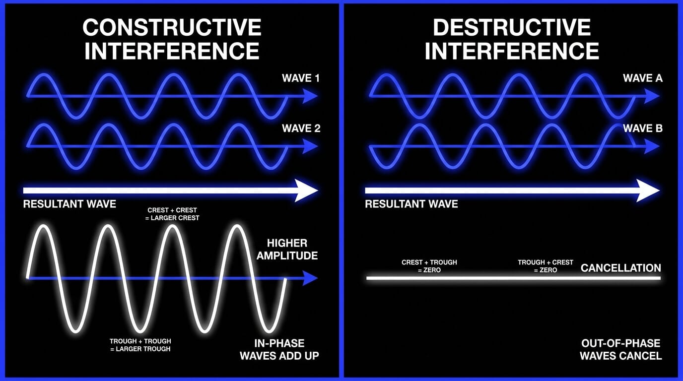 Infographic comparing constructive interference with in-phase waves creating higher amplitude and destructive interference with out-of-phase waves causing cancellation.