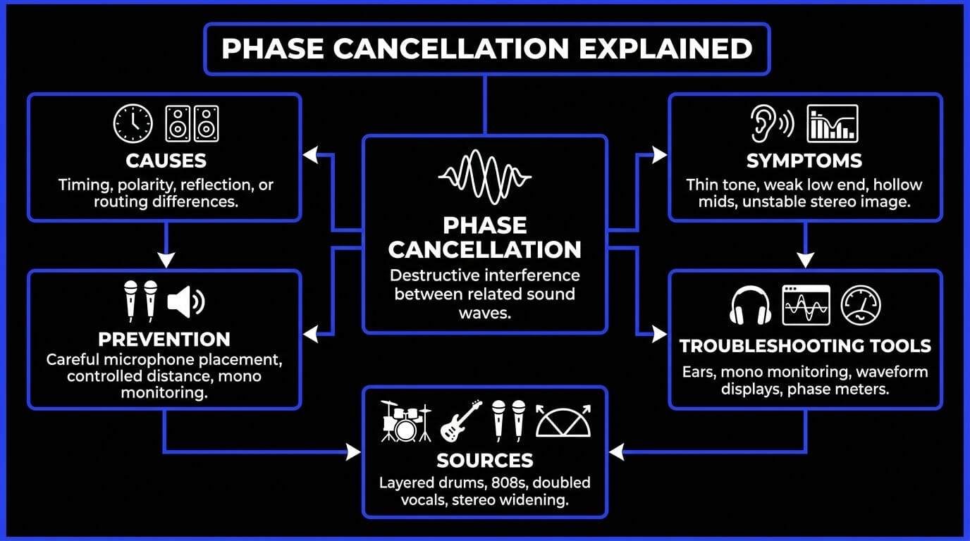 Infographic explaining phase cancellation with causes, symptoms, prevention methods, troubleshooting tools, and common sources like drums, 808s, vocals, and stereo widening.