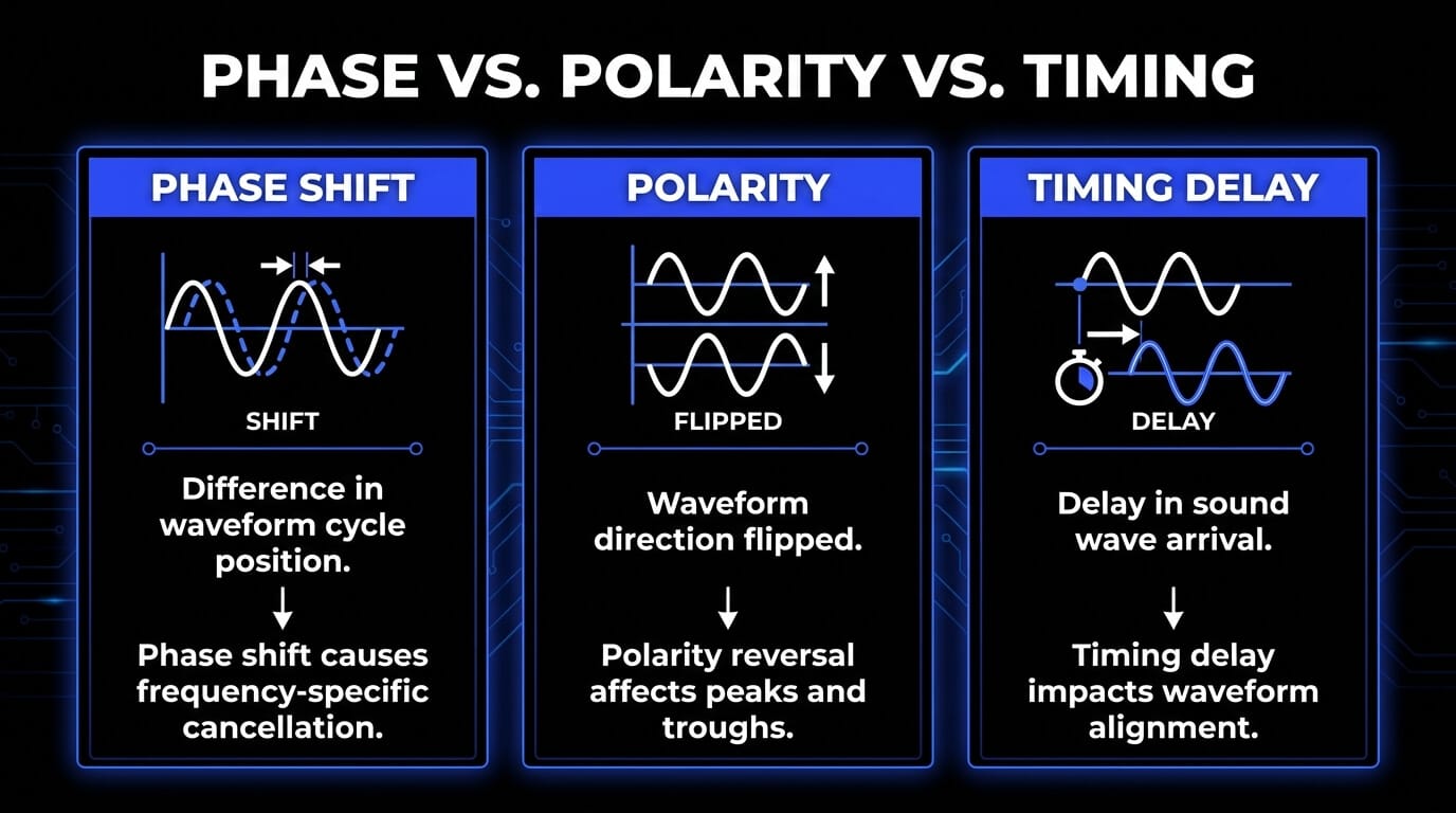 Infographic explaining the difference between phase shift, polarity, and timing delay, showing how each can cause waveform misalignment and cancellation.