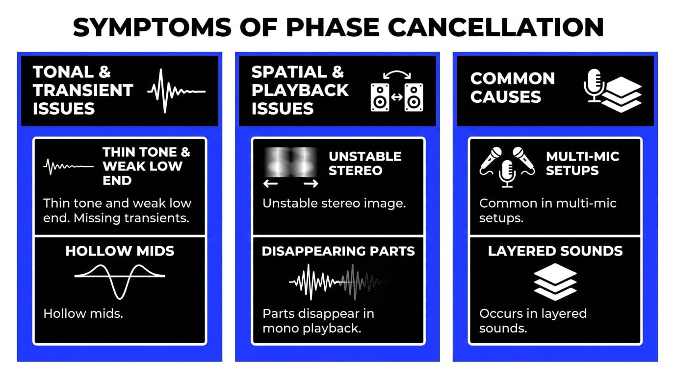 Infographic showing symptoms of phase cancellation, including thin tone, weak low end, hollow mids, unstable stereo image, disappearing parts, multi-mic setups, and layered sounds.