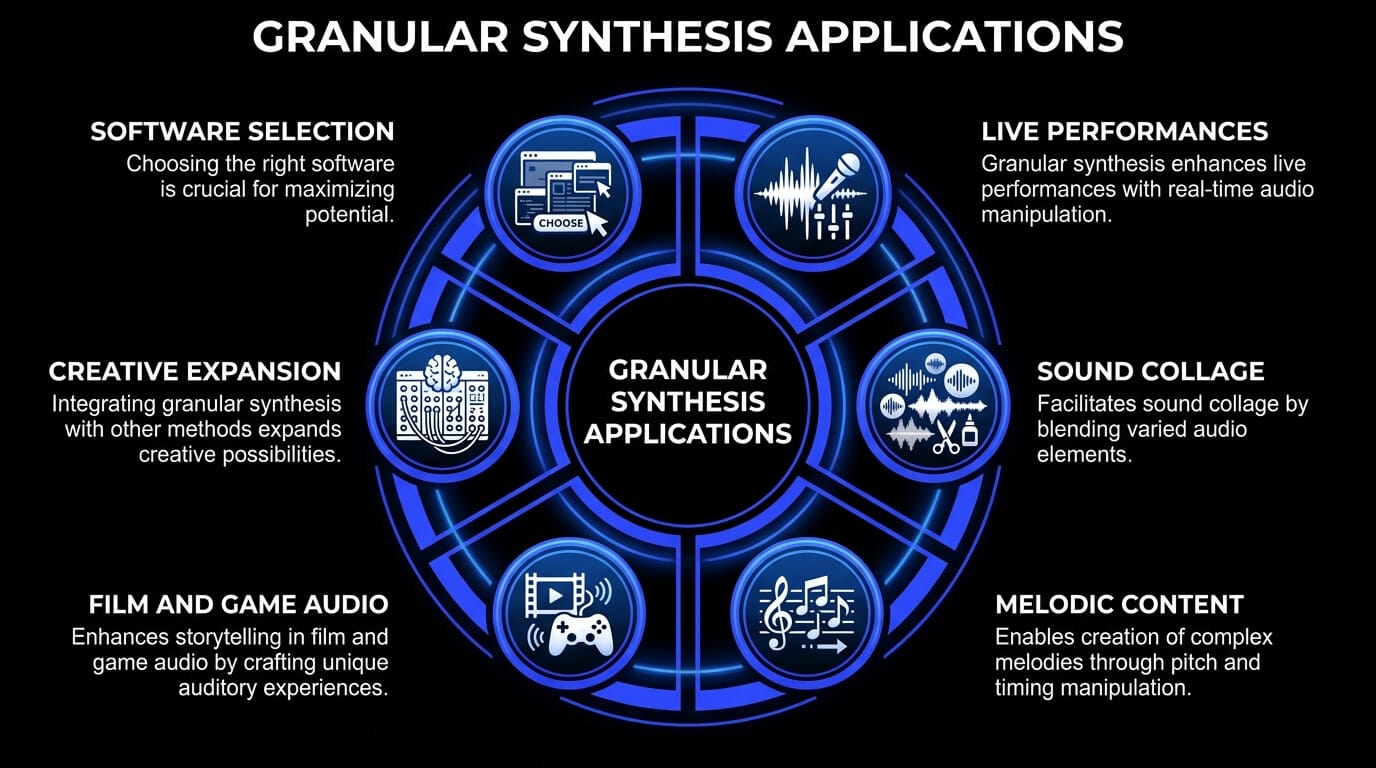 Infographic showing granular synthesis applications in live performance, sound collage, melodic content, film and game audio, software, and creative workflows.