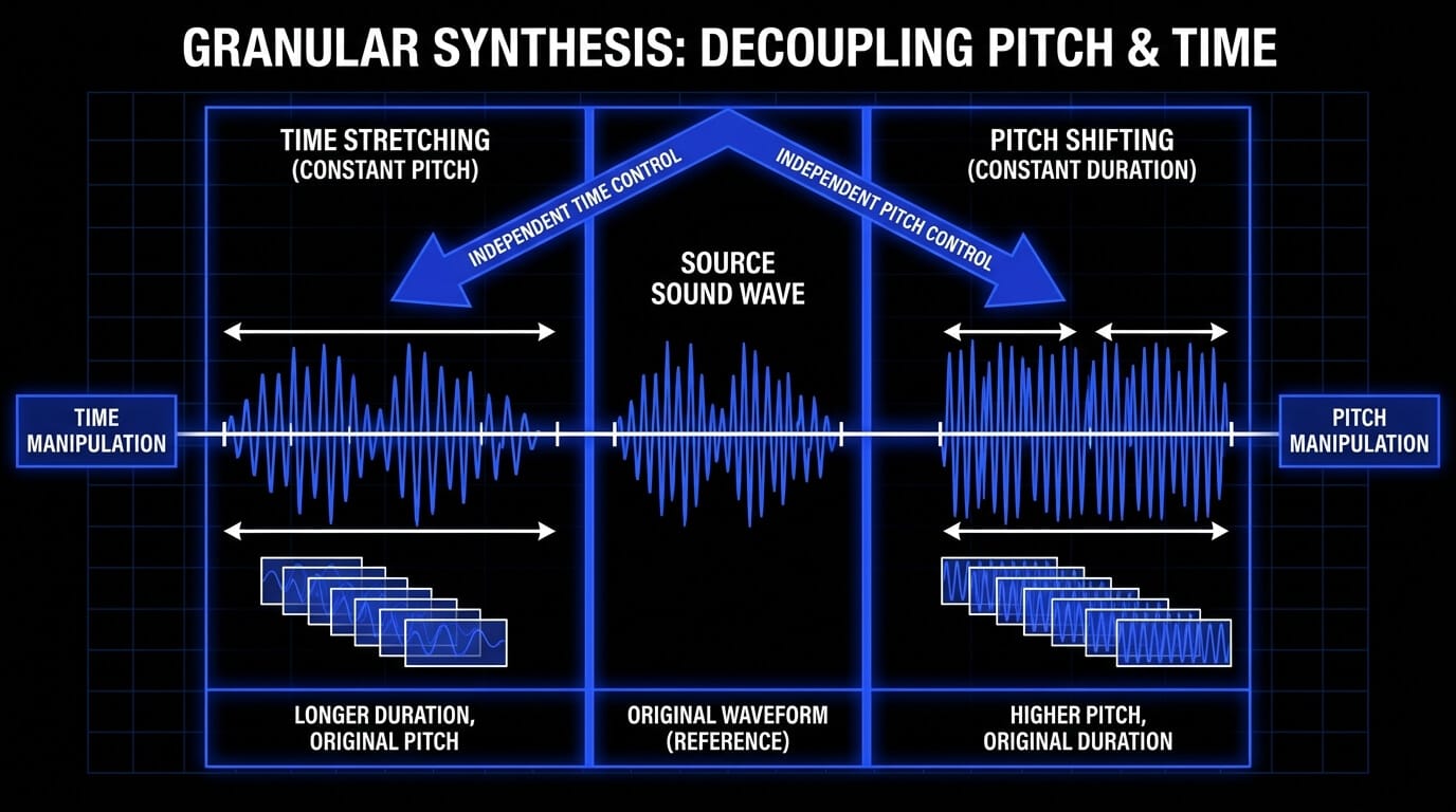 Diagram showing granular synthesis time stretching at constant pitch and pitch shifting at constant duration.