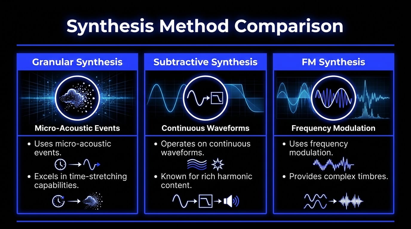 Infographic comparing granular synthesis, subtractive synthesis, and FM synthesis by source material, processing method, and sonic results.