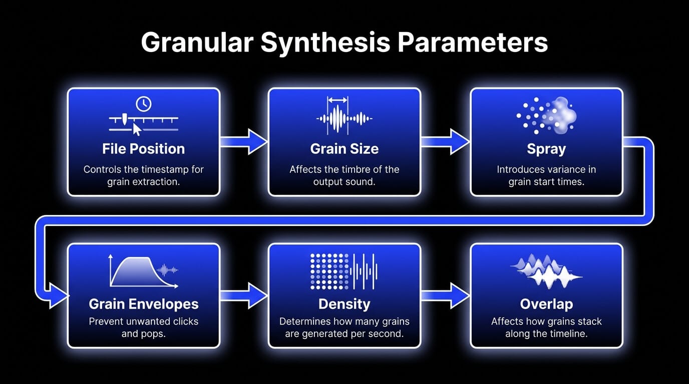 Infographic showing granular synthesis parameters: file position, grain size, spray, grain envelopes, density, and overlap.
