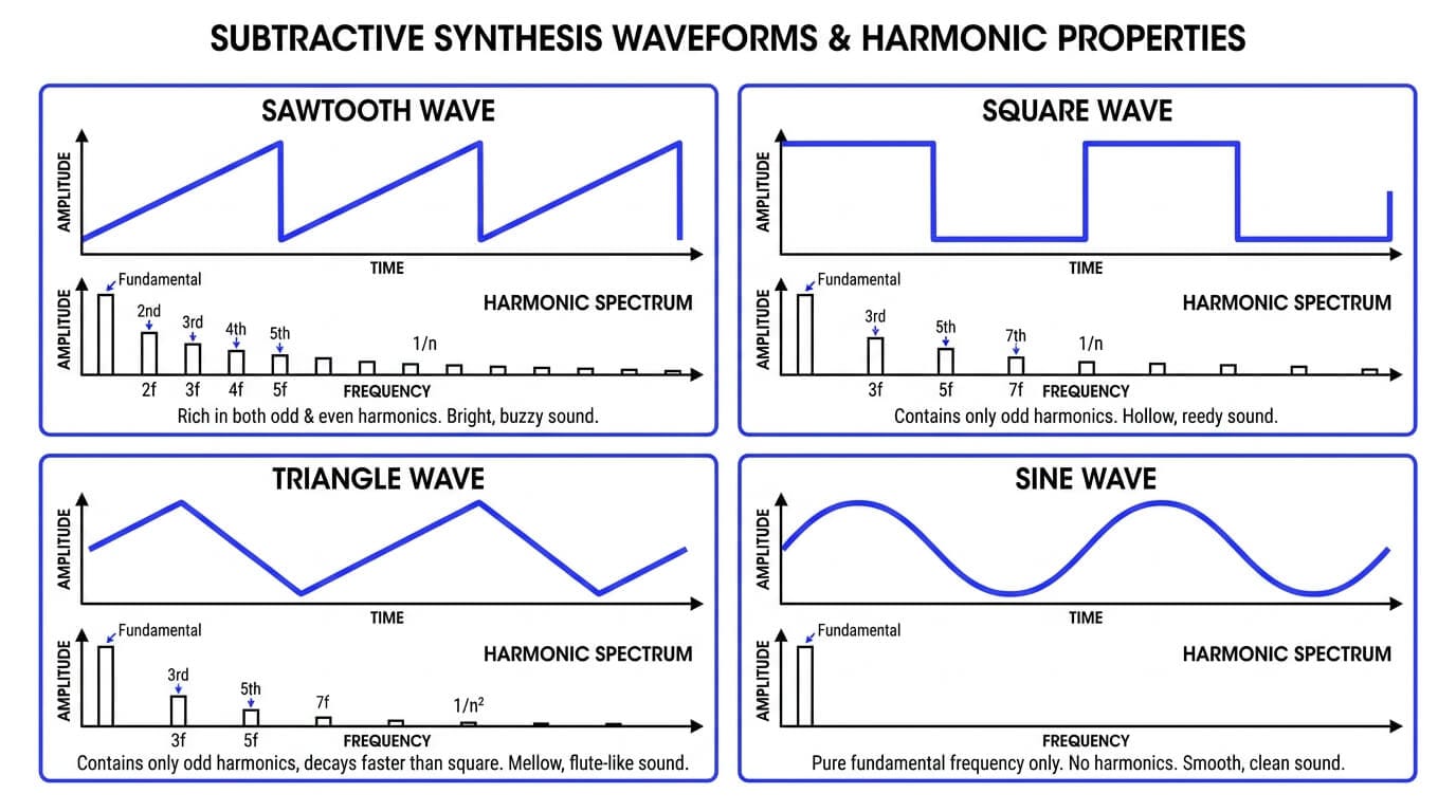 Diagram comparing sawtooth, square, triangle, and sine waveforms with their harmonic spectra and resulting sound characteristics
