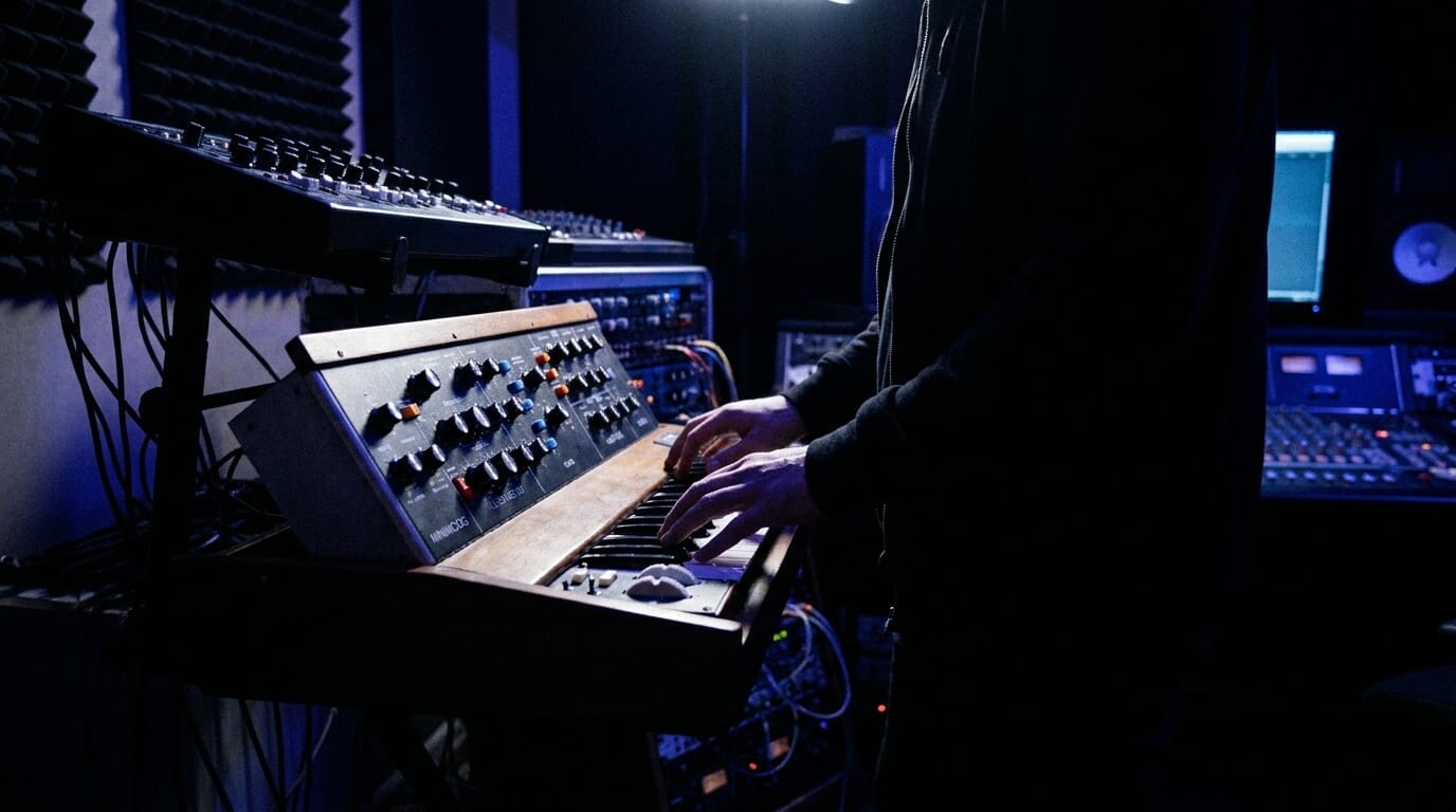 Music producer playing an analog subtractive synthesizer surrounded by studio mixing equipment and acoustic panels