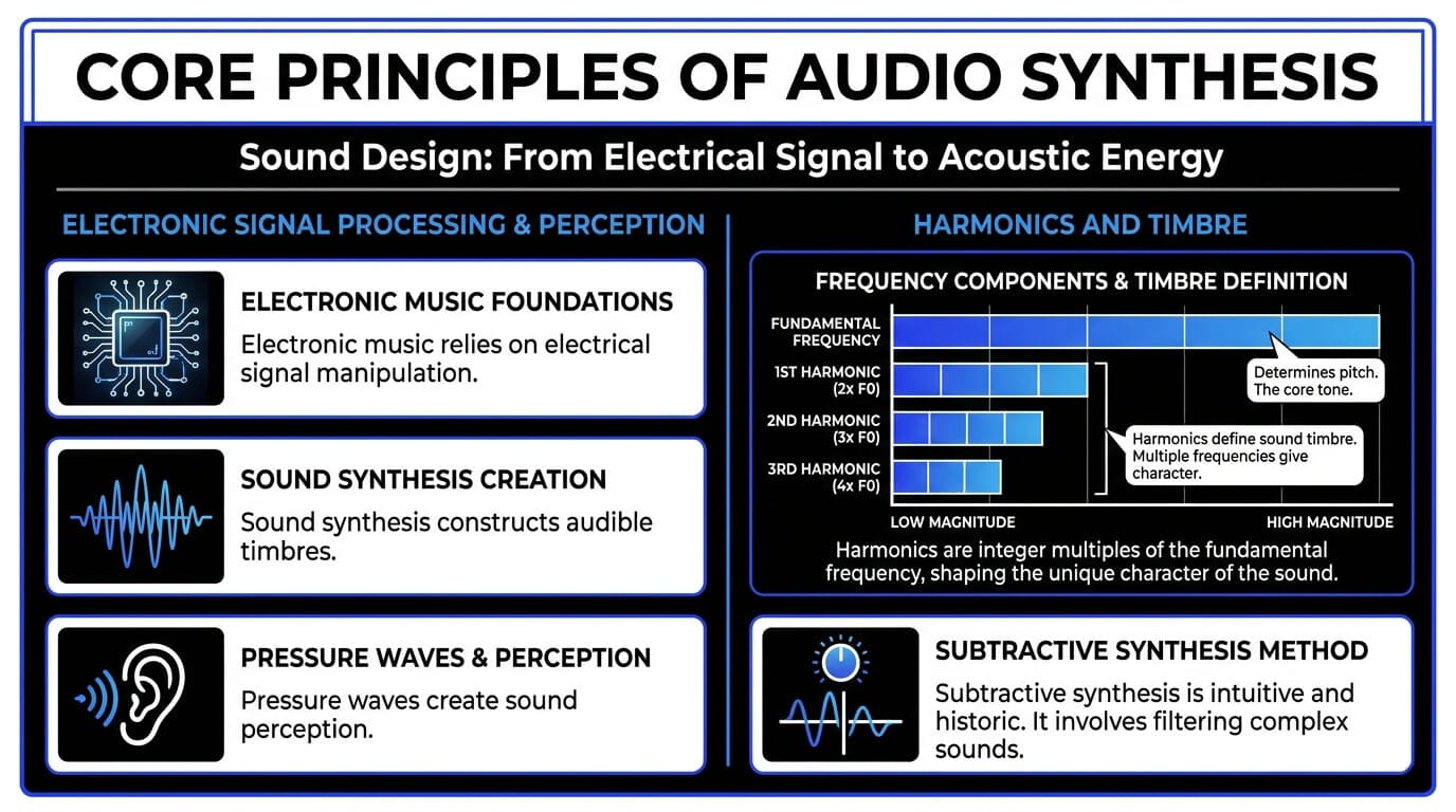 Infographic explaining audio synthesis through electronic signal processing, pressure waves, harmonics, timbre, and subtractive filtering