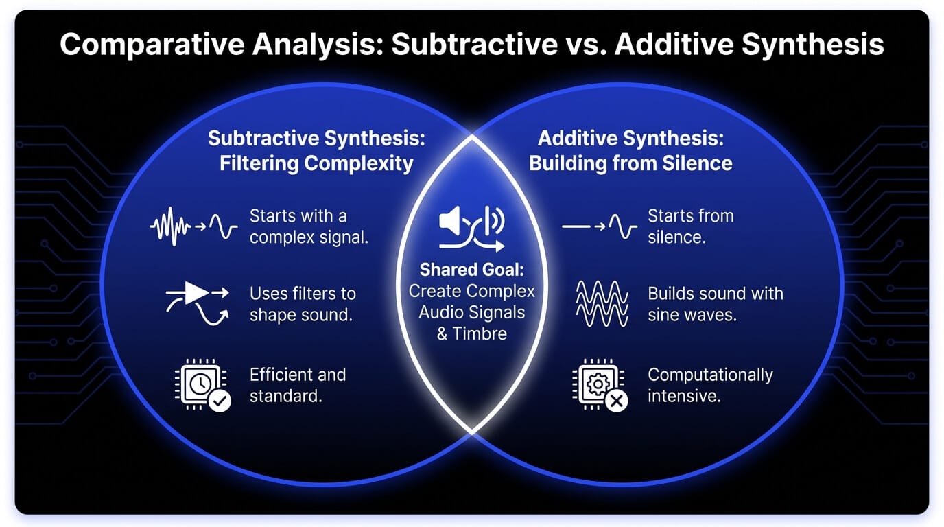 Venn diagram comparing subtractive synthesis, which filters complex signals, with additive synthesis, which builds sounds from sine waves