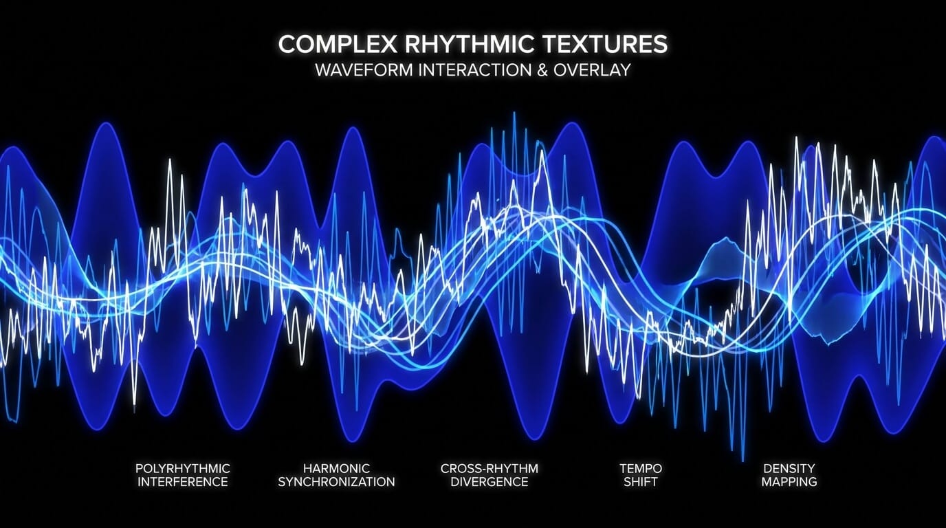 Layered blue and white waveforms illustrating polyrhythmic interference, synchronization, tempo shifts, and rhythmic density.