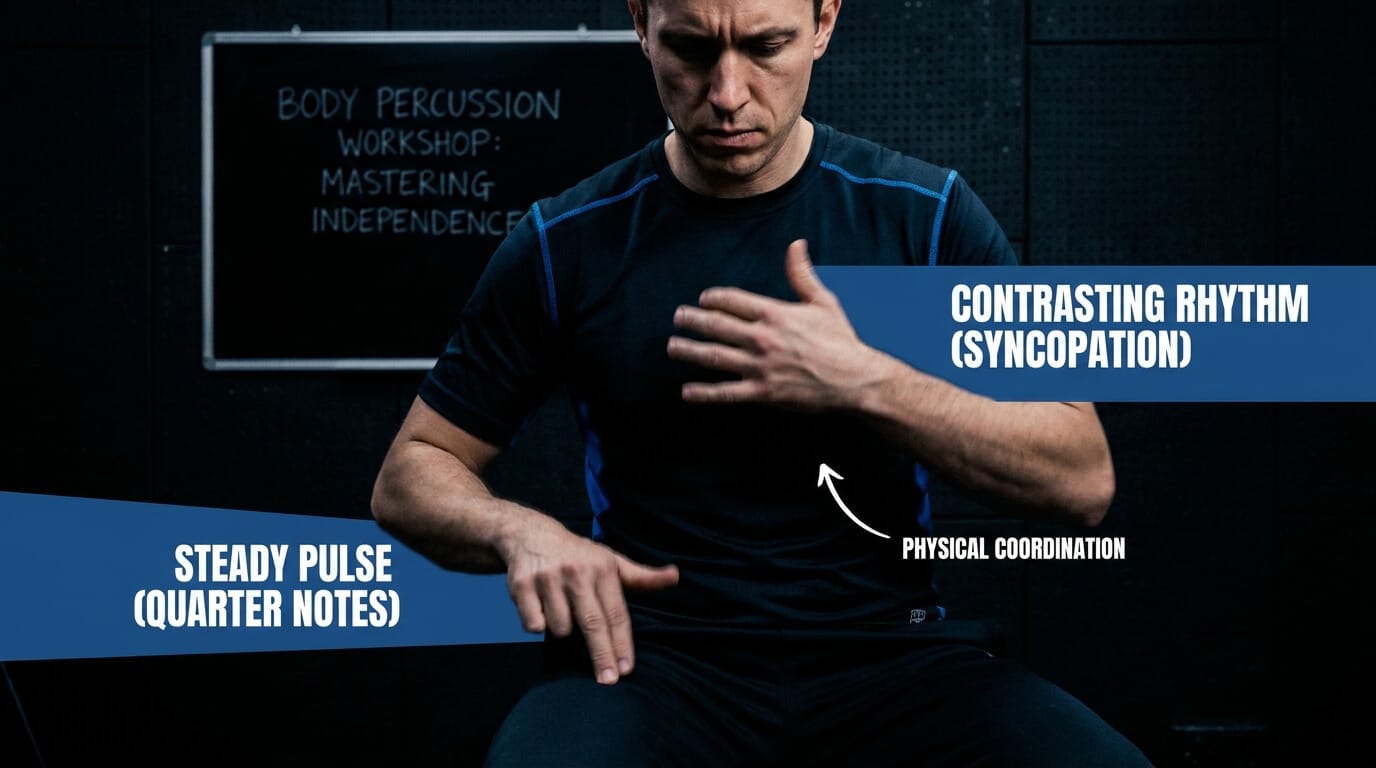 Musician practicing body percussion with one hand keeping quarter notes and the other performing a contrasting rhythmic pattern.