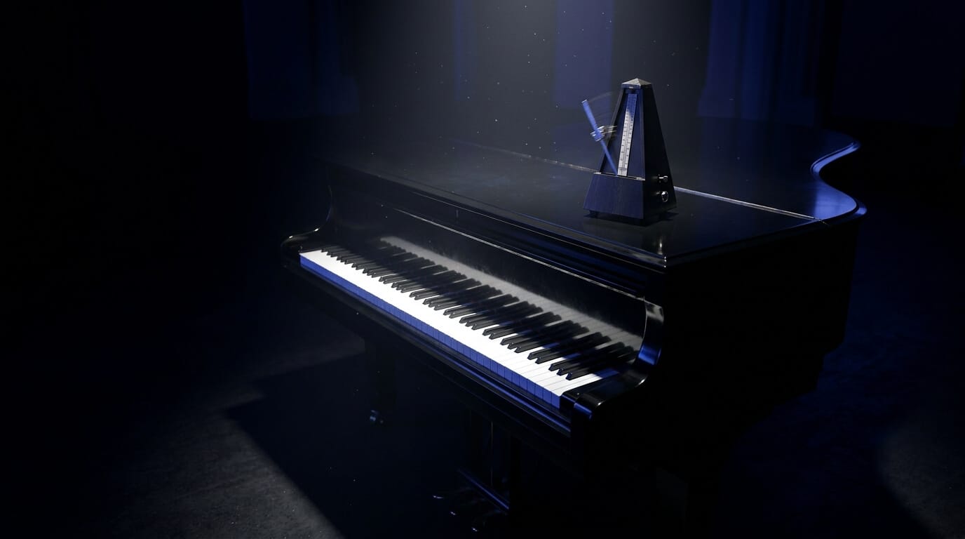 Grand piano with a mechanical metronome used to practice pulse, timing, and polyrhythmic coordination.
